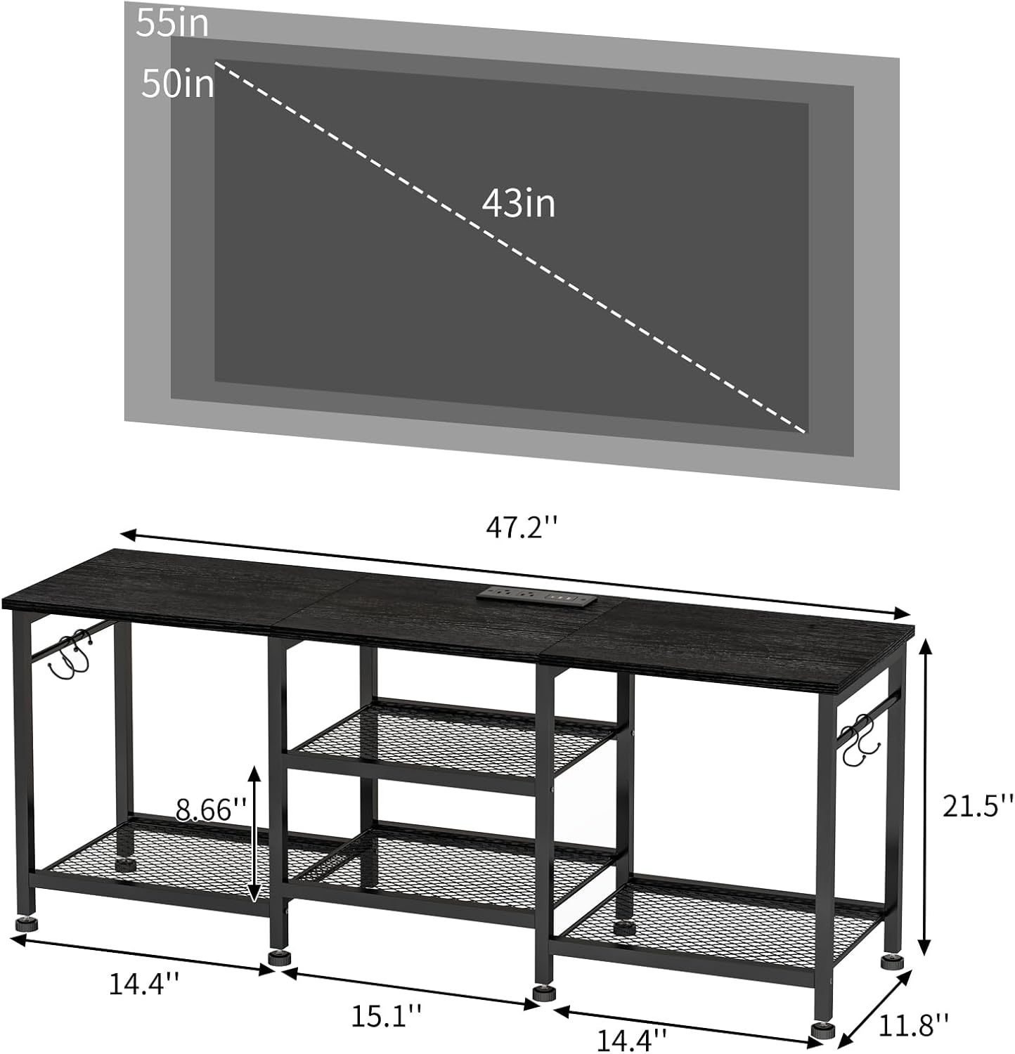 YGEOMER Black TV Stand Entertainment Center for 55 Inch TVs, with Charging Station and Lights Open Storage Shelves, TV Media Console, Open Storage Shelf with Sound Rack for Living Room, Bedroom