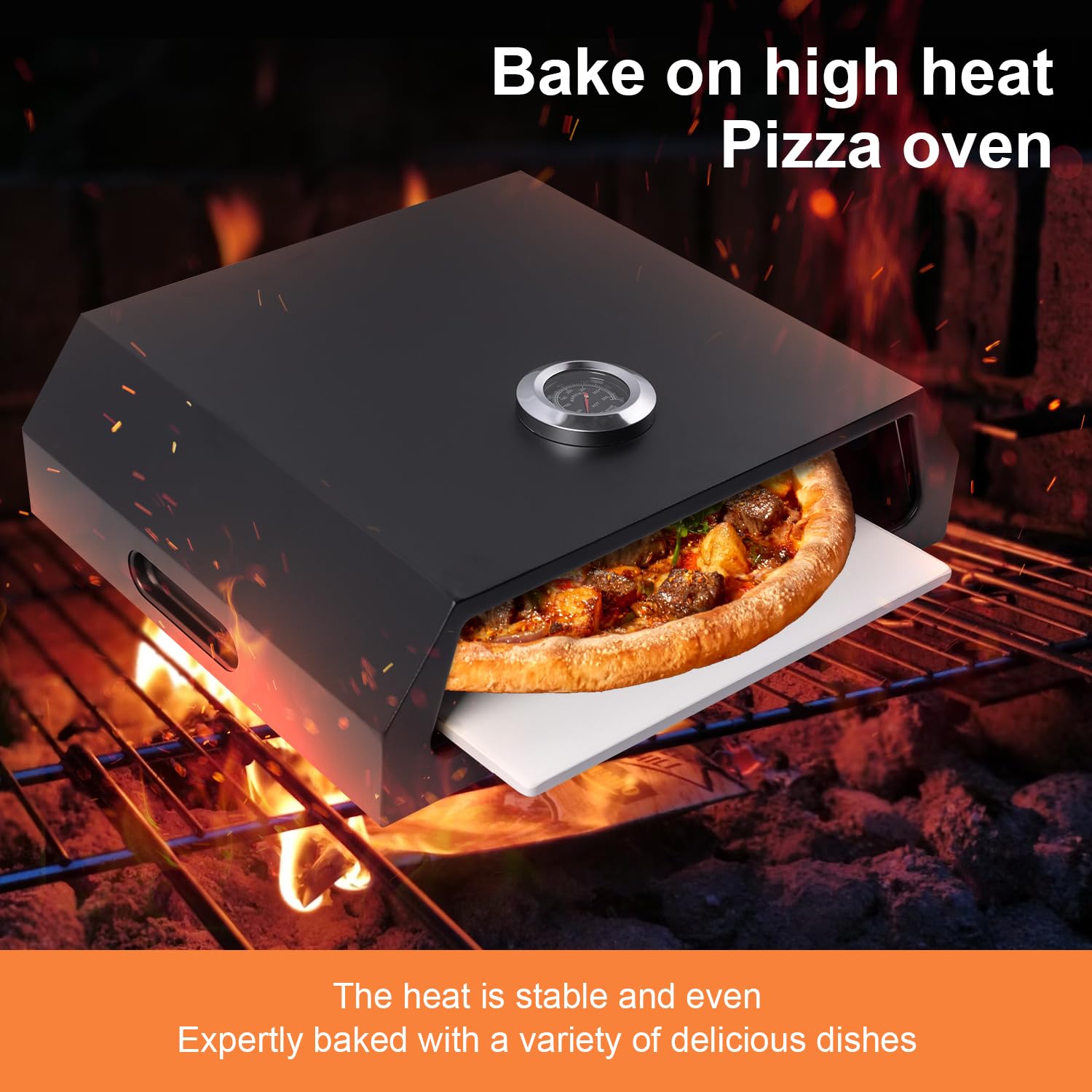 Pizzaofen für Grill: Blackstone Pizzaofen mit Stahlblech, Grilloberseite, Pizzagrill, integriertes Thermometer, geeignet für knusprige Hinterhof, hausgemachte Pizza