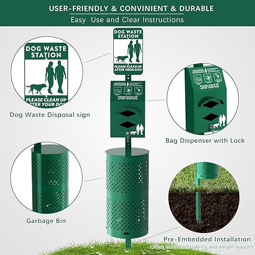 Miniatura 2 de POCHAR Estación de eliminación de desechos de perros de aluminio inoxidable para parques de mascotas, estación de 10 galones para excrementos de