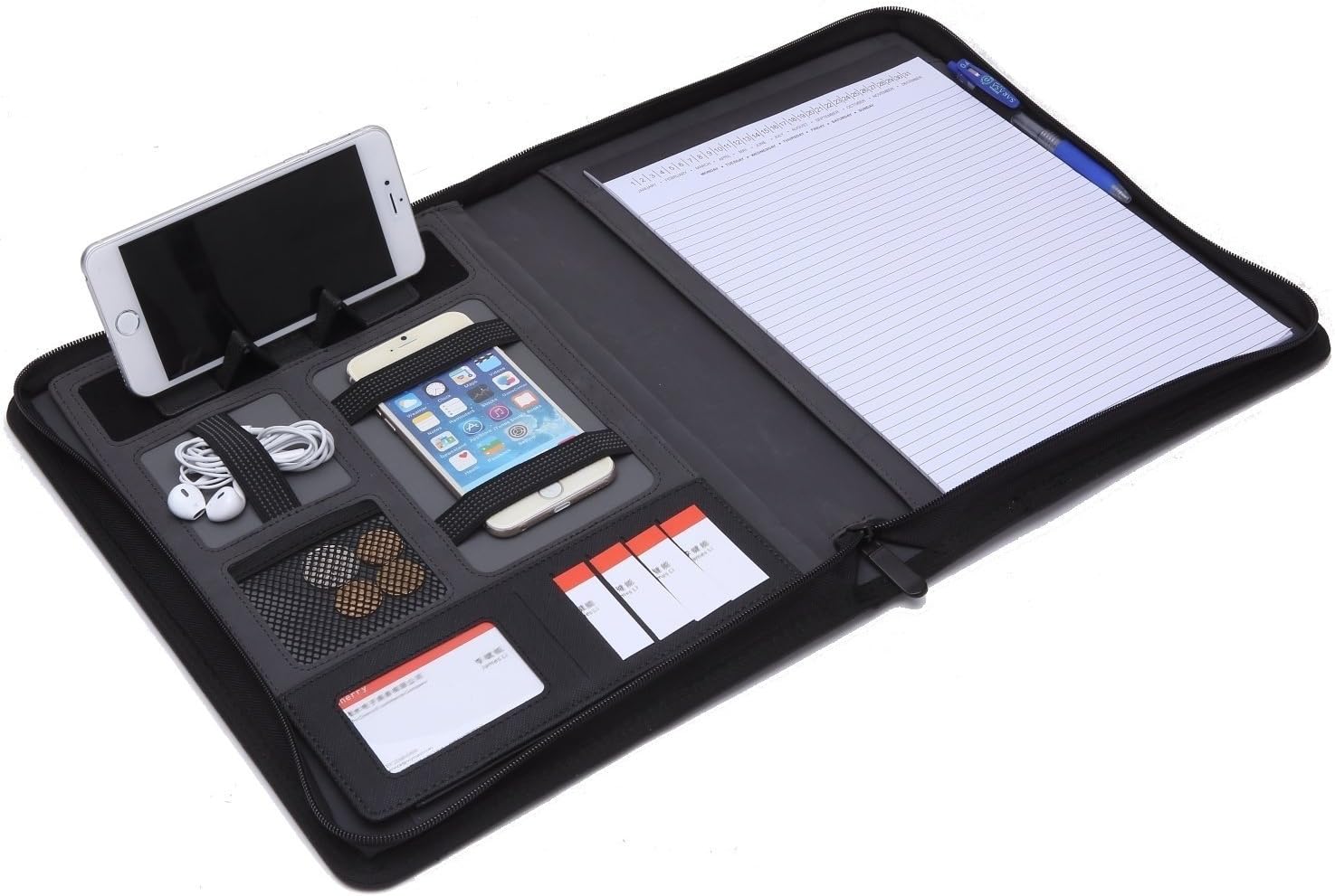 Portfolio Padfolio Leather Zippered Binder Business Portfolio Folder Interview Padfolio Tablet Stand Holder Phone Compact Organizer Case Conference Interview Office Organizer Travel (Black)