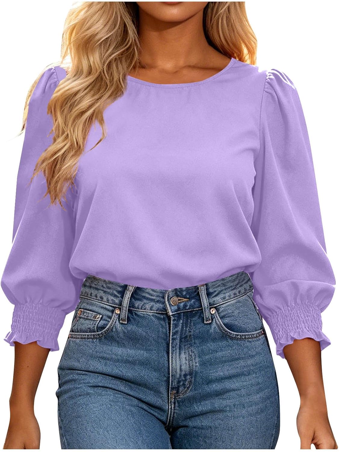 Womens 3/4 Length Sleeve Tops Dressy Casual Blouse Puff Sleeve Crew Neck Cute Trendy T Shirts with Smocked Cuffs