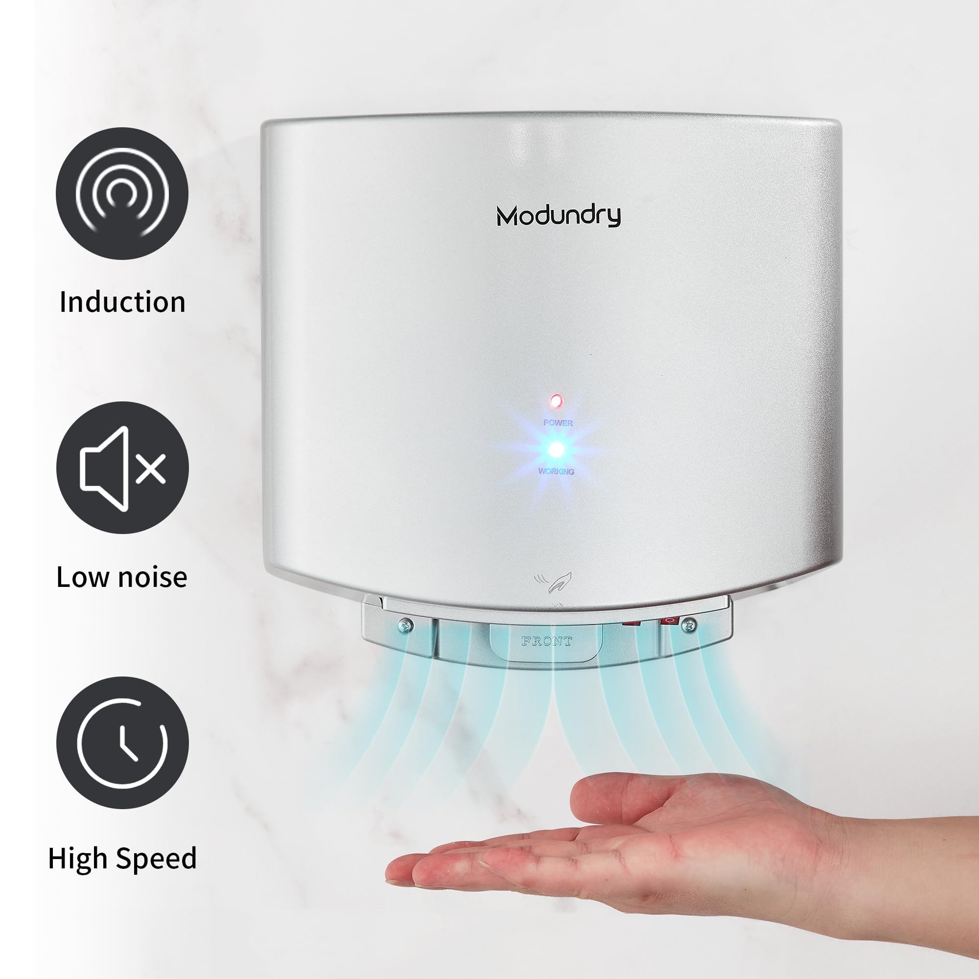 Asciugamani ad Aria Elettrico con Fotocellula, Asciuga Mani Automatico Professionale a Parete, per Commerciale e Famiglia Bagno e Servizi igienici, ABS Argento