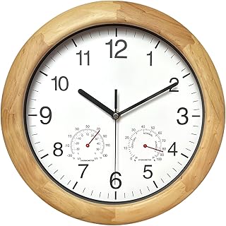 Wooden Wall Clock with Temperature and Humidity, 12 Inch Brown, Large Numbers for Room Decor