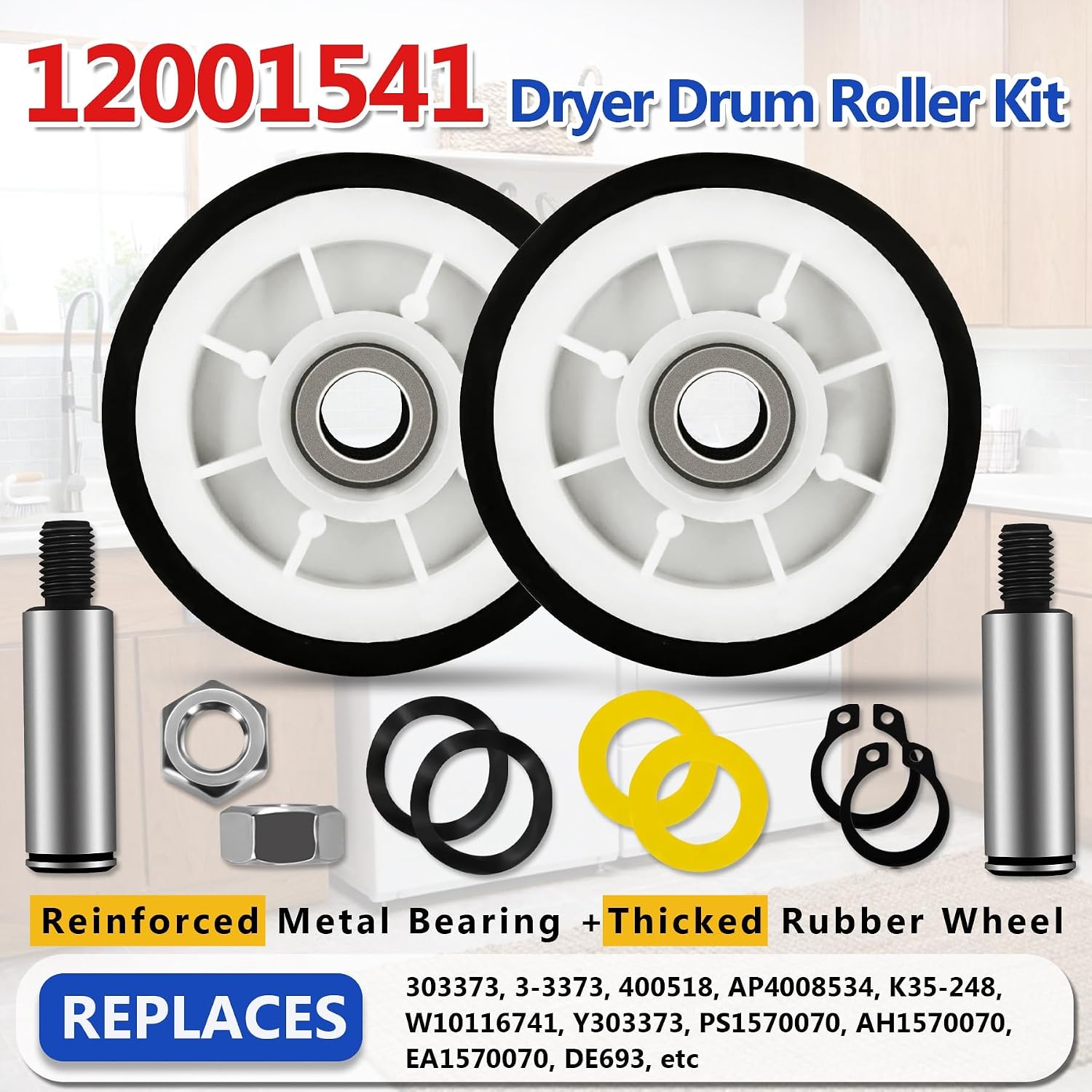 Upgraded Dryer Repair Kit - Including Drum Rollers 303373K 12001541, Dryer Belt WP33002535, Idler Pulley WP6-3700340, Fit for May-tag Dryer, Replaces 303373 306508VP 33001783 33002535