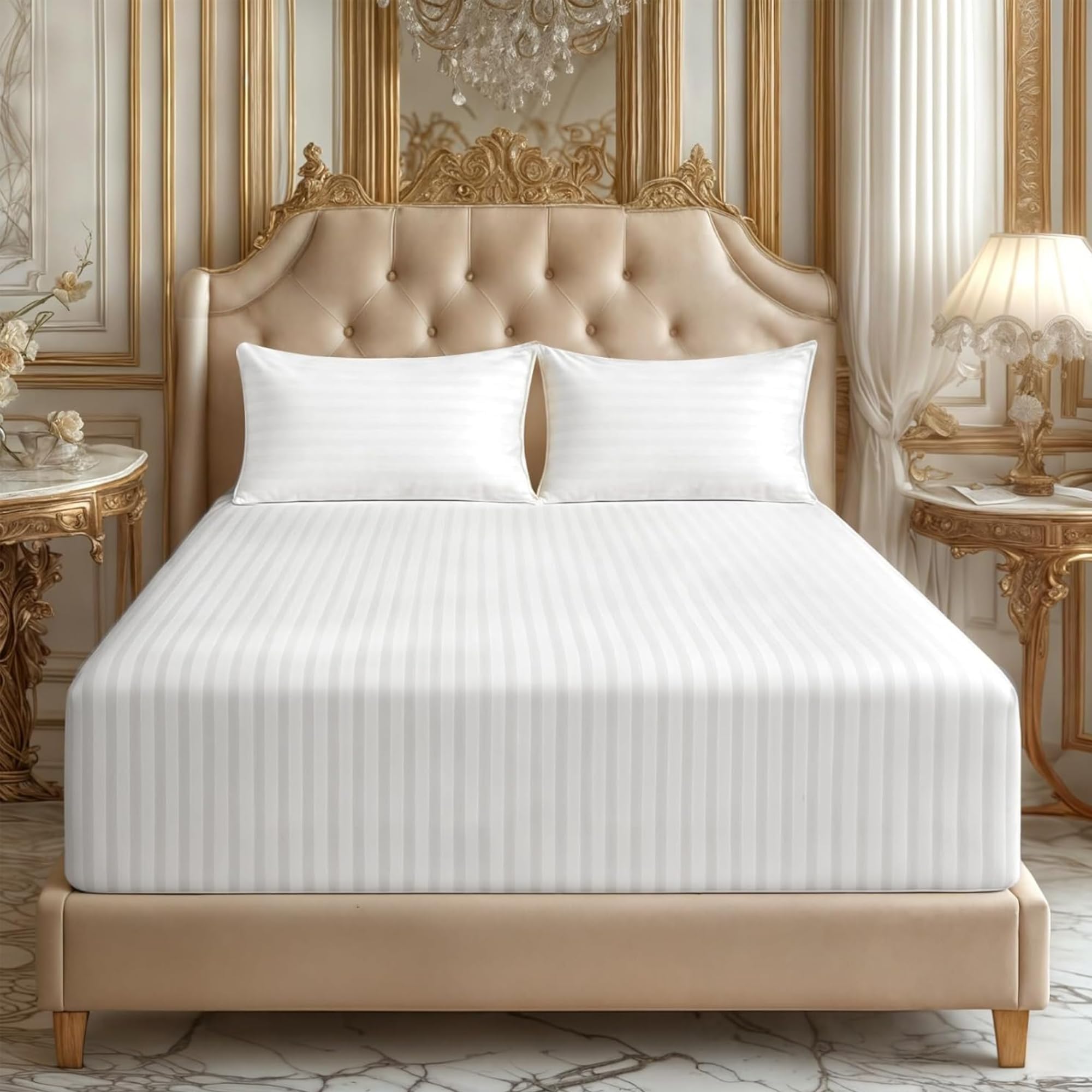 Striped 3 Piece Fitted Sheet Set Queen Size for Home Decor | 1 Hotel Quality Fitted Sheet & 2 Matching Pillowcases Breathable &Fade Resistant Deep Pocket Fitted Bed Sheet Queen (White, 160 x 200cm)