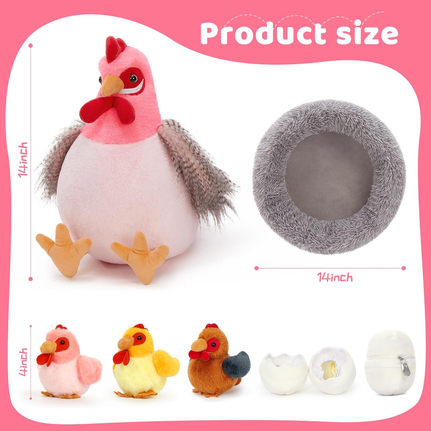 MaoGoLan 8Pcs Chicken Stuffed Animals, Stuffed Laying Hen Chicken Plush Toys with 3 Babies Chickens and 3 Eggs,1 Nest House Plush Set, Cute and Soft Farm Stuffed Animals Gift for Kids,Girls,Boys,Pink