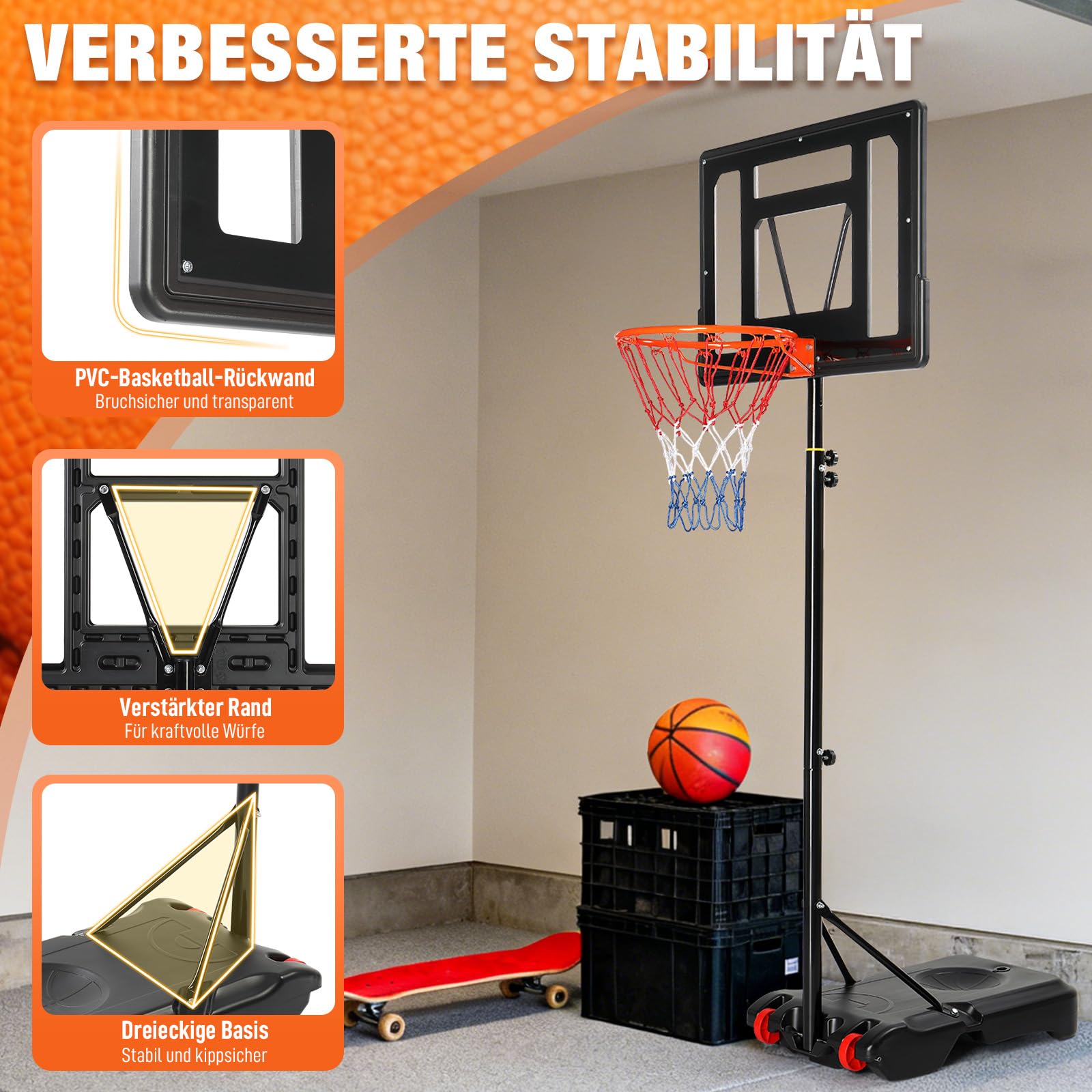 LEADZM Basketballkorb Outdoor mit Ständer & Rollen, 2 Netze, Höhenverstellbarer von 155-210 cm,Tragbarer Basketballkorb Indoor/Outside, Geeignet für Erwachsene & Kinder (Schwarz)