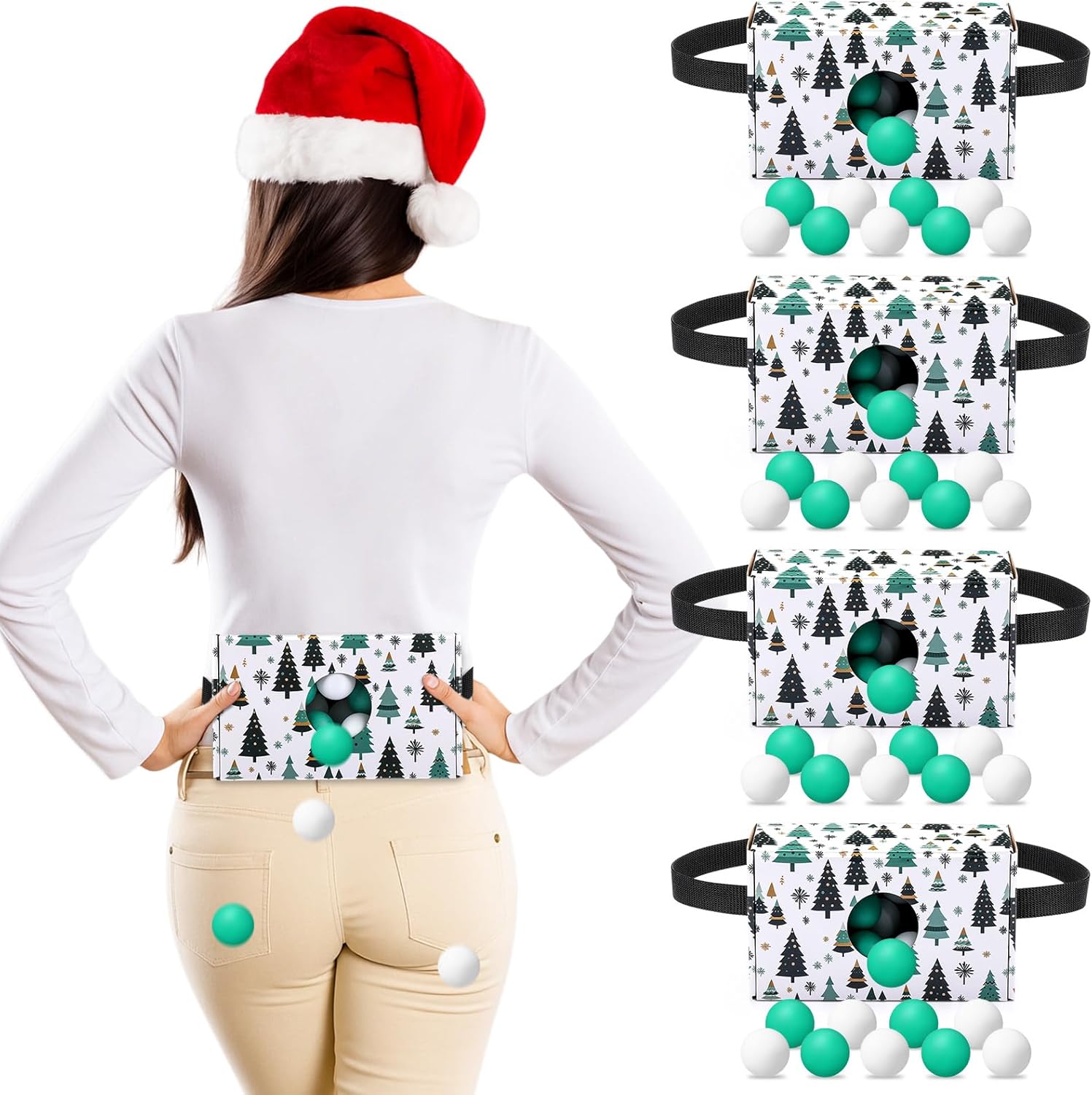 4 Set Christmas Party Games Swing Shaking Balls Set Includes 4 Strap Shake Boxes with 4 Belts, 80 Balls for Christmas Xmas Outdoor Indoor Family Party Game(Tree,Green, White)