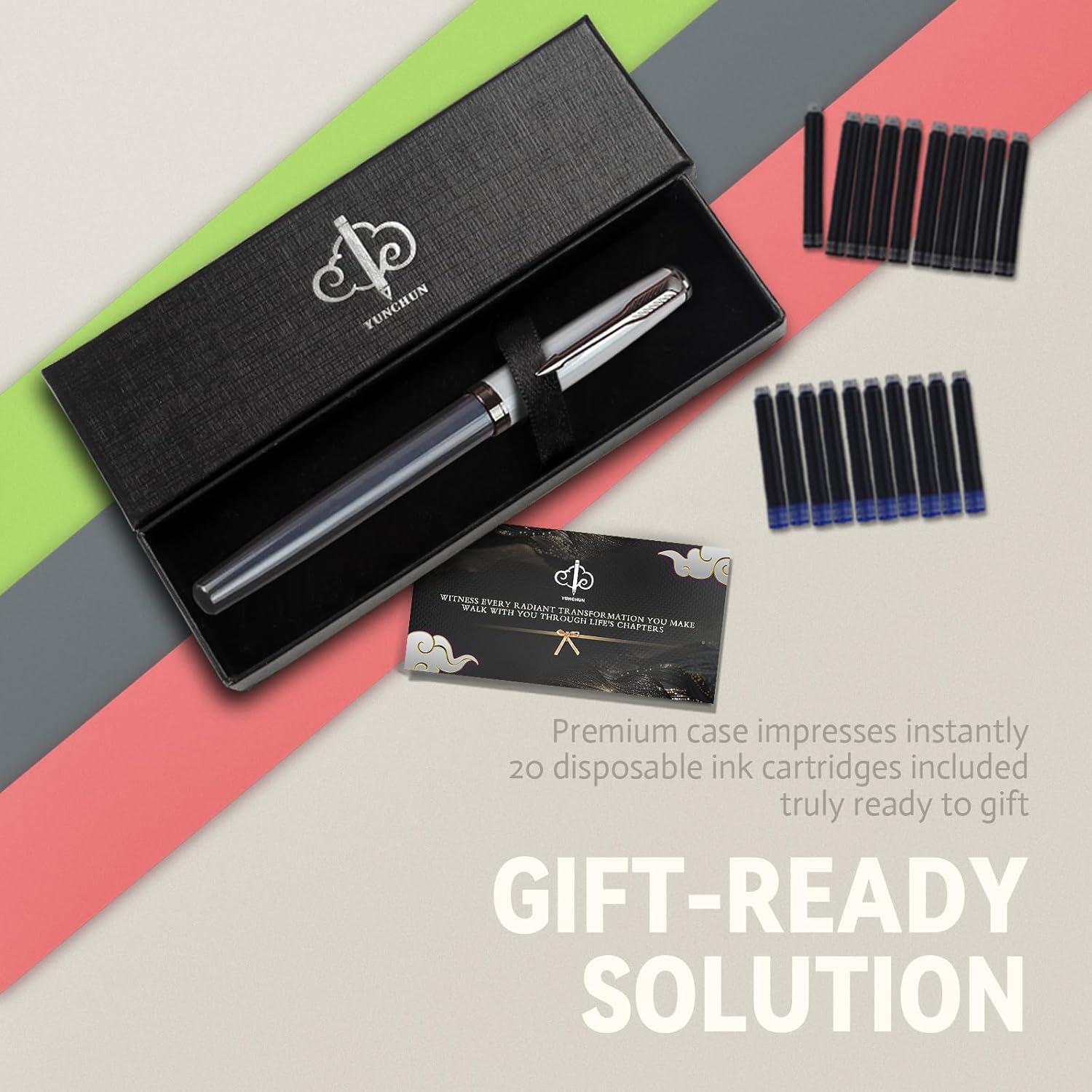 YUNCHUN Fountain Pens Set for Writing, Fancy Medium Nib Ink Pens of Morandi Color with 5 Black and 5 Blue Refills Cartridges, Best Pen Gift Set for Men & Women, Office Professional Pen for Work, Gray - Image 9