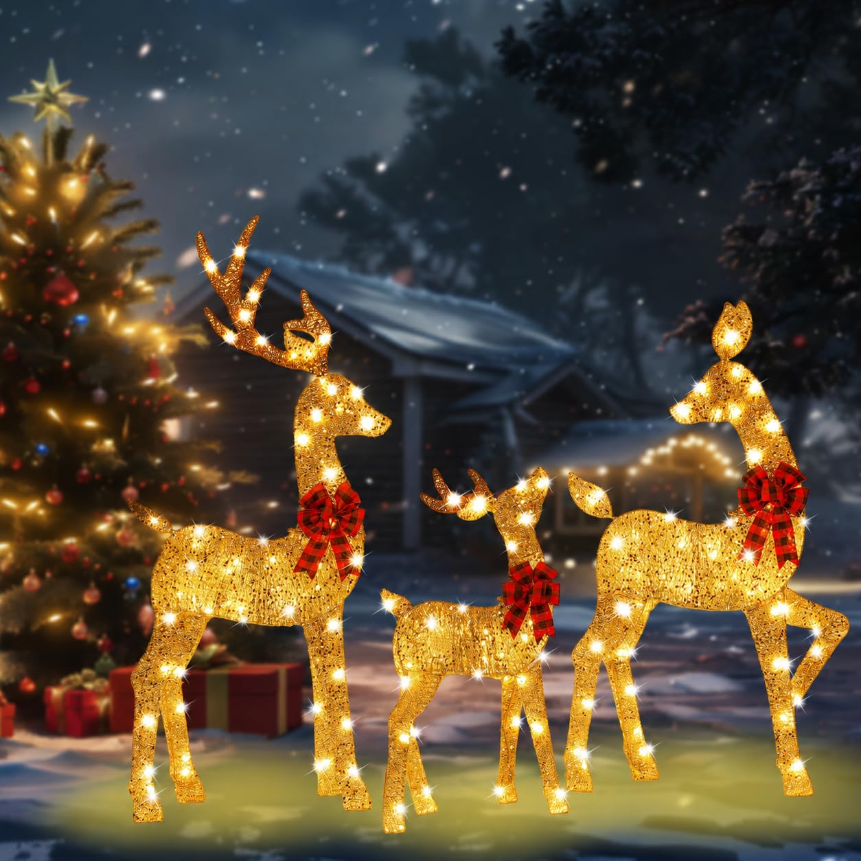 Decoraciones de ciervo de Navidad 2.5D con iluminación dorada de 48 pulgadas, juego de 3 piezas de decoración de reno para exteriores con 145 LED blancos cálidos, gran exhibición de patio para jardín