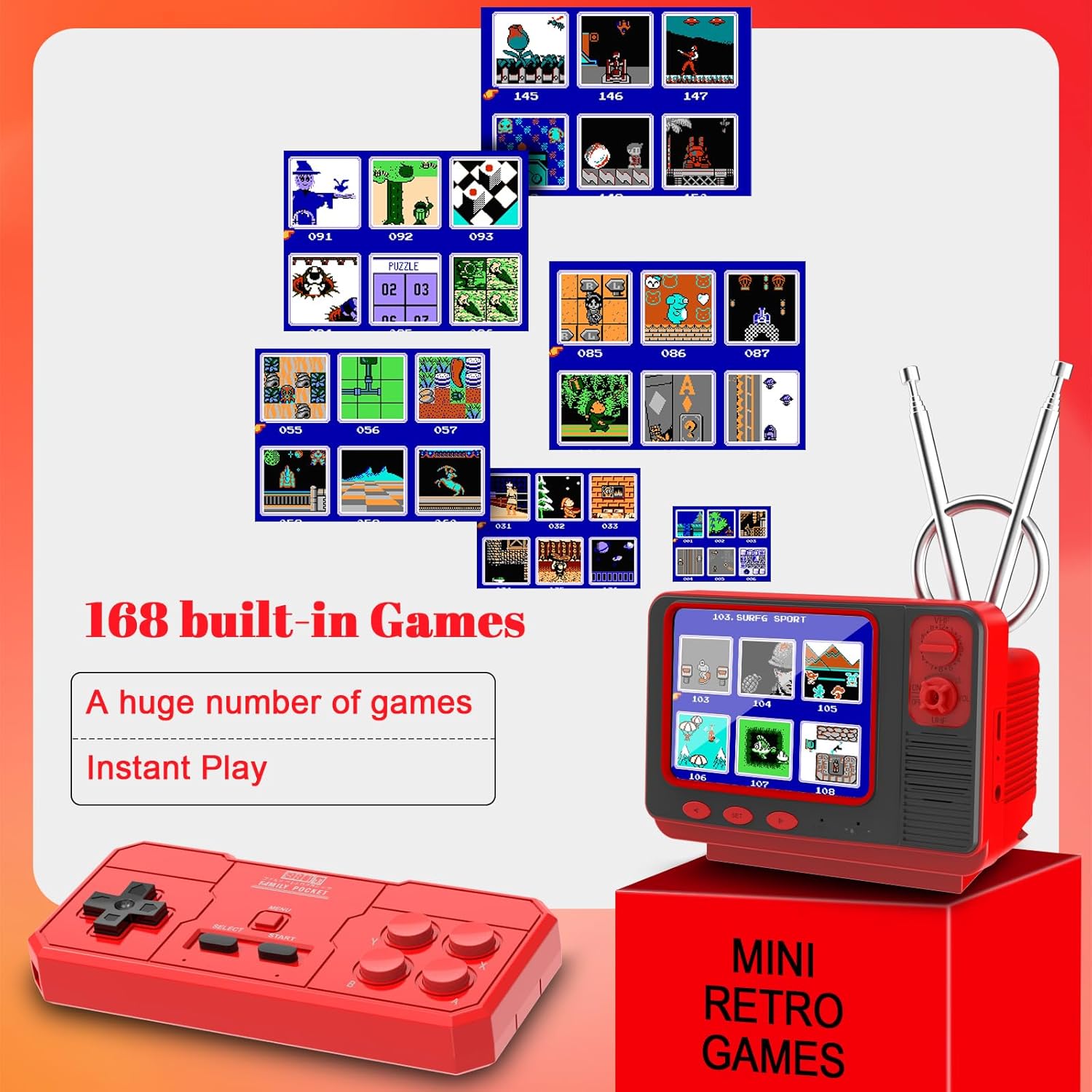 EASEGMER Retro Handheld Game Console - 168 Classic Games | 3.0" Screen | 2-Player Mode | AV Projection | Rechargeable & Portable Design, Ideal Educational Toy for Kids Ages 4-12 (Red) image 5 of 8 B0F9T6MWJ5