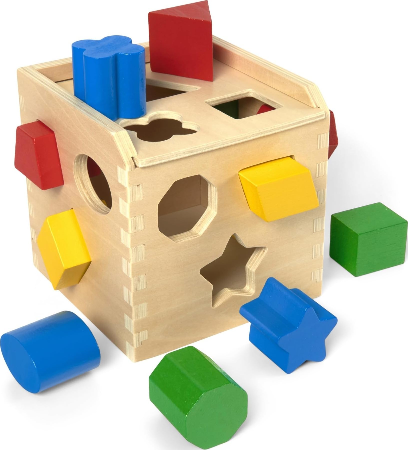 Wooden Melissa & Doug shape-sorting cube with colored blocks