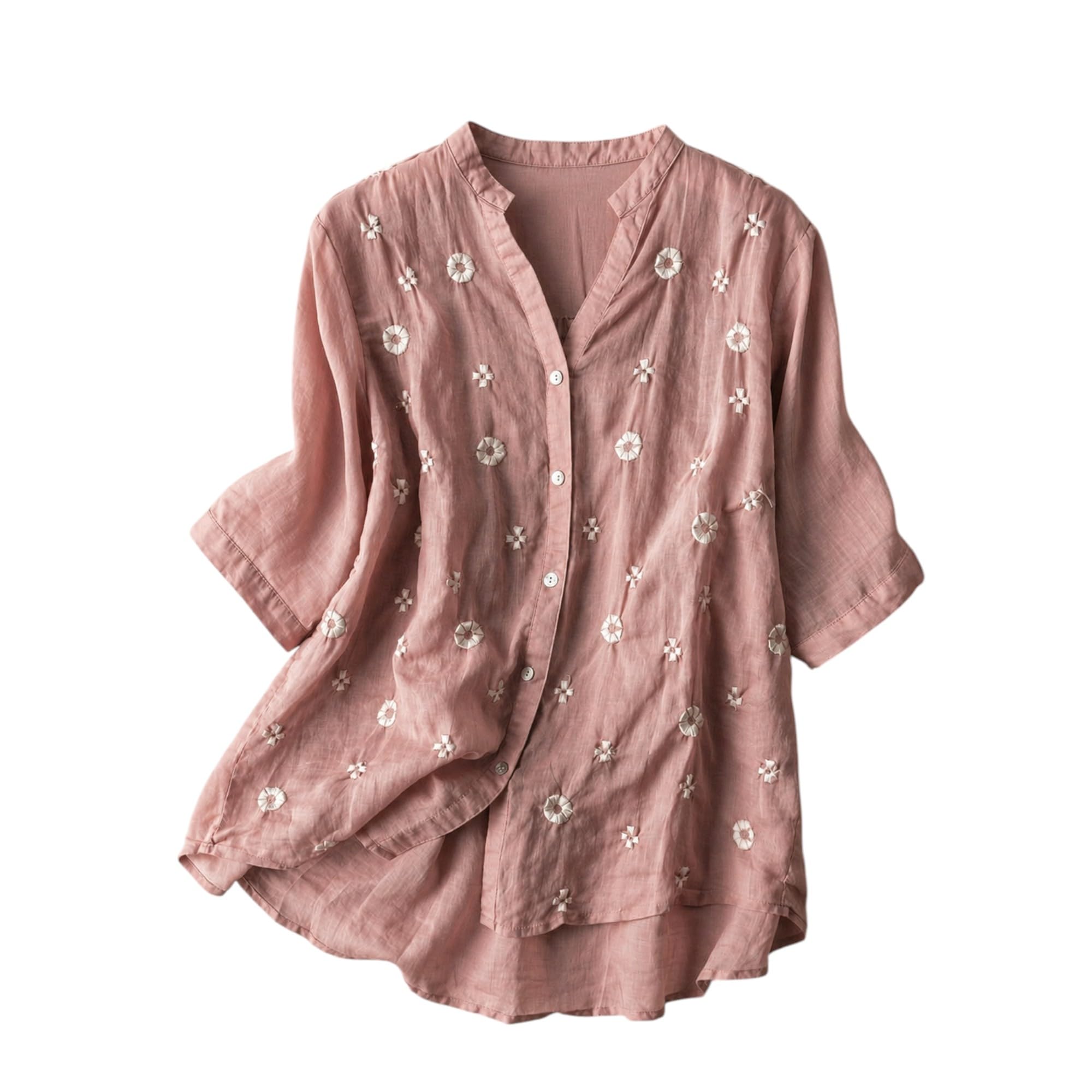 Womens Floral Applique Embroidered Fancy Top with Mandarin Collar Button Down Front Half Sleeves Relaxed Fit Casual Tunic Top for Women-image-10