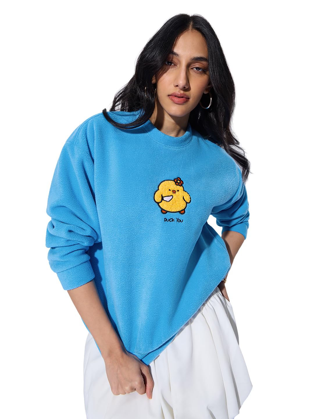 the souled store Angry Ducky Women and Girls Long Sleeve Round Neck Blue Embroidered Polyester Drop Shoulder Streetwear Everyday Winter Ready Casual Oversized Sweatshirt-picture-11