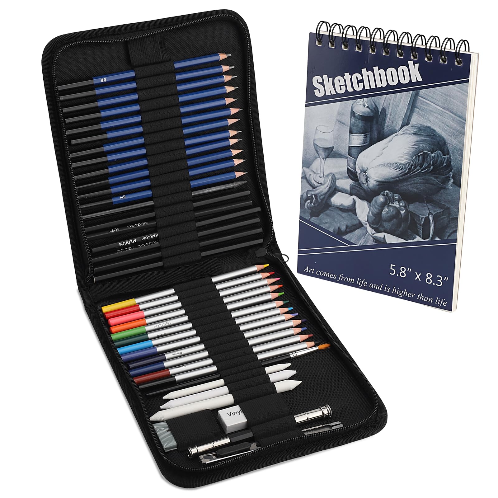 41pcs Juego de lápices de colores profesionales para dibujo artístico, juego de suministros para bocetos, que incluye acuarelas, carboncillo, lápiz, herramientas de dibujo y caja