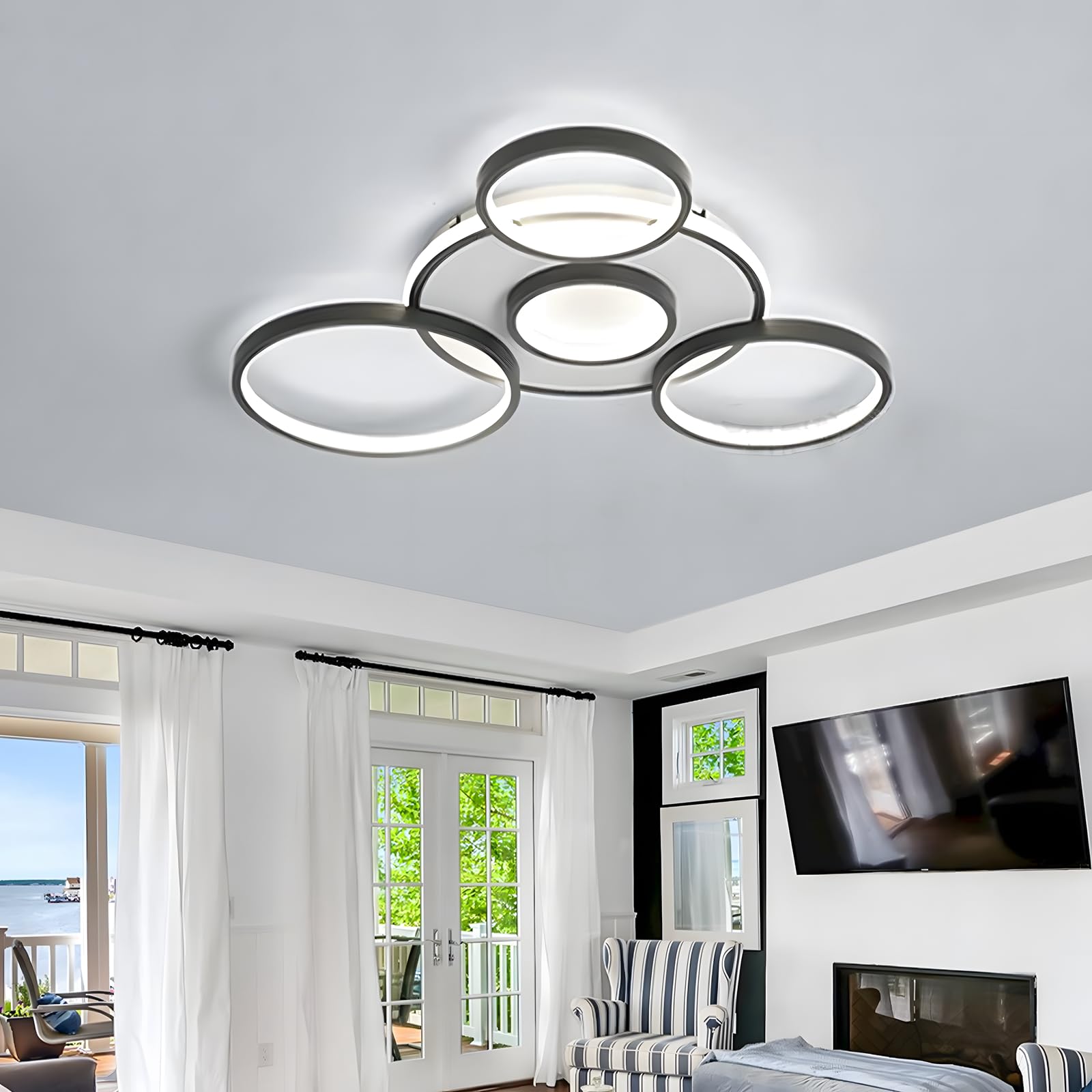 LED Plafoniera Moderna, Ø70cm Lampada Multi Cerchio Nera, 58W Dimmerabile Continuo 3000-6000K, Lampadario Rotondo In Metallo + Acrilico, Camera Letto Soggiorno Bambini Ufficio Studio(5 Anelli)