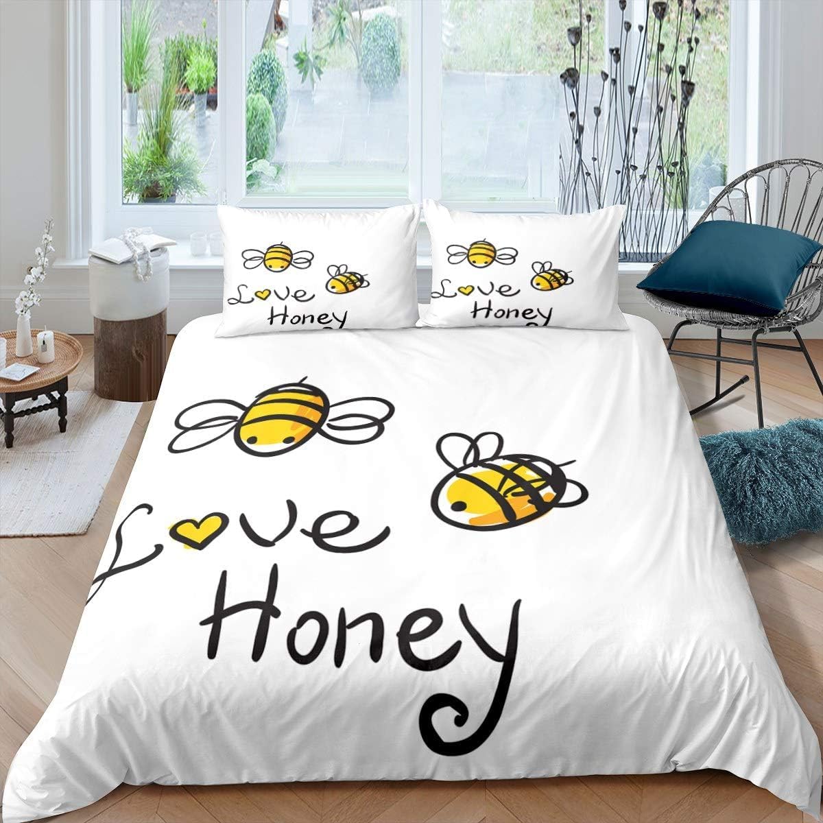 LoussiesdLove Honey Bedding Set Single Cute Bees Duvet Cover Beehive for Children Kids Boys Girls Comforter Cover Honeycomb Bright Vibrant Microfiber Bedspread Cover Bedclothes White YellowOEKO-TEX STANDARD 100