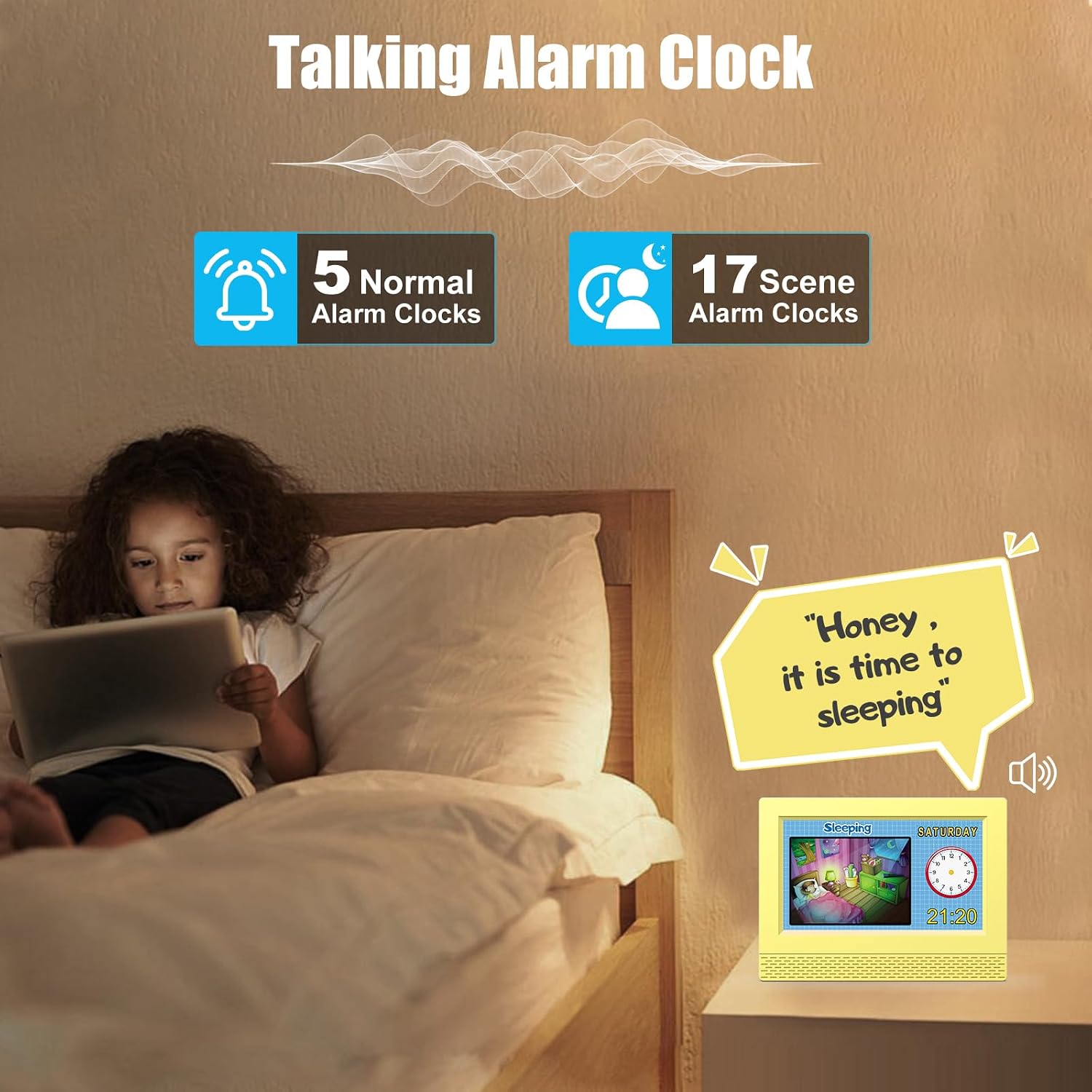 Kids Digital Alarm Clock with Auto Dimming feature showing 3 levels of brightness