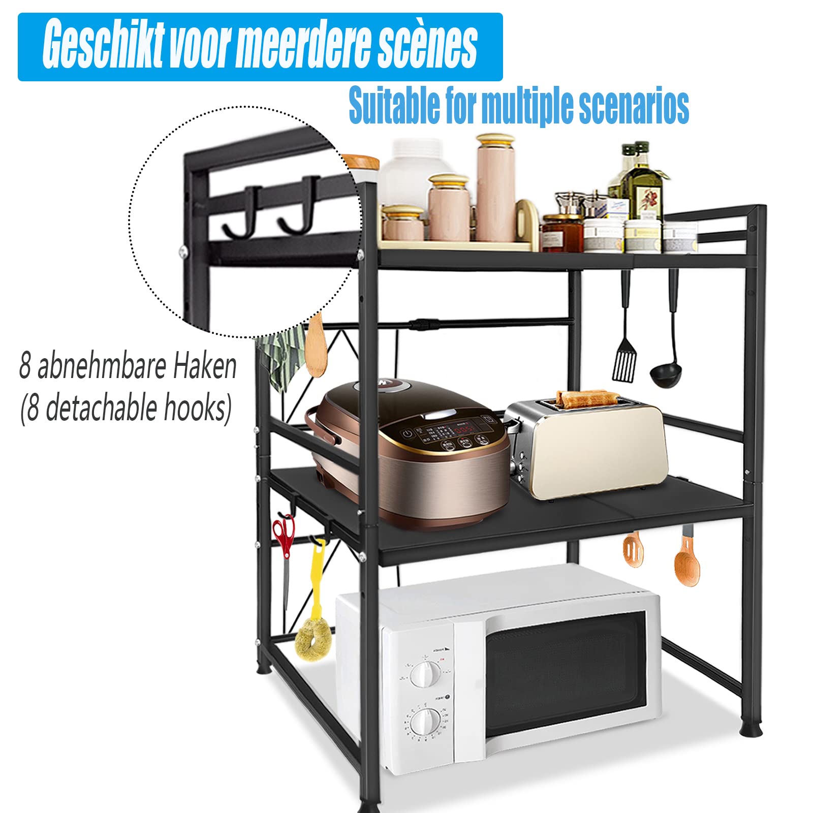 Mensola Espandibile Per Microonde A 3 Livelli - Organizer Cucina Con Ganci | Regolabile 40-60cm, Colore Nero - Foto 7