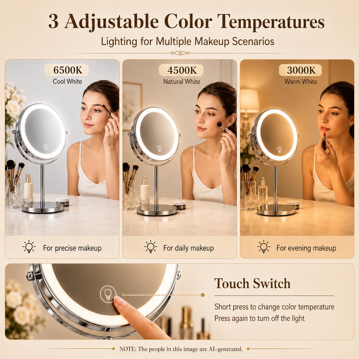 Ysenchan Espejo de maquillaje iluminado, espejo de aumento LED recargable de 8 pulgadas, espejo de manipulación 5X de doble cara con soporte, espejo de escritorio de pie cosmético