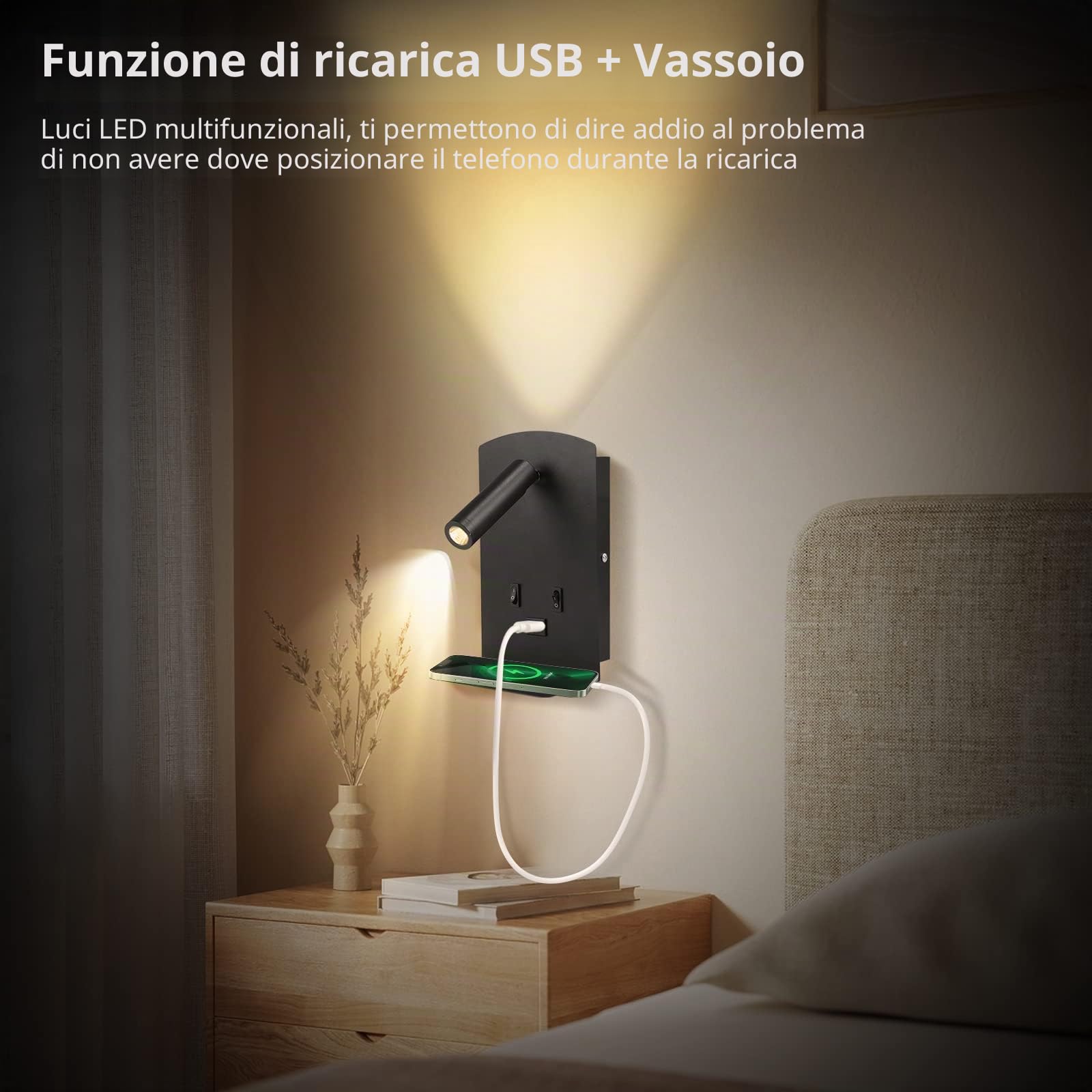 Weigudoc Lampada da Parete a LED 2pcs, Lampada da Lettura Sul Comodino con Vassoio per Cellulare, con Porta di Ricarica USB E Interruttore, Applique da Parete per Corridoio(Luce Calda 3w + 9w) (Nero)