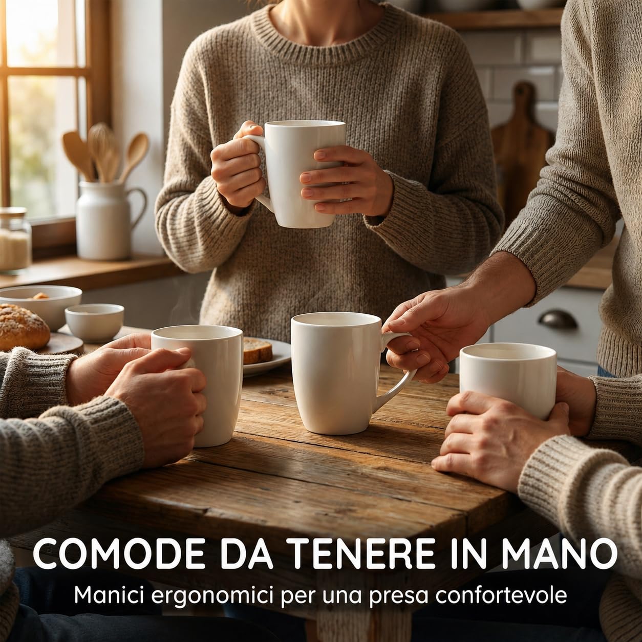 CUQOO Set di 12 tazze da caffè bianche, 350 ml, in ceramica di porcellana con manico, set di tazze grandi, lavabili in lavastoviglie e adatte al microonde, tazze sfuse per casa, ufficio e catering