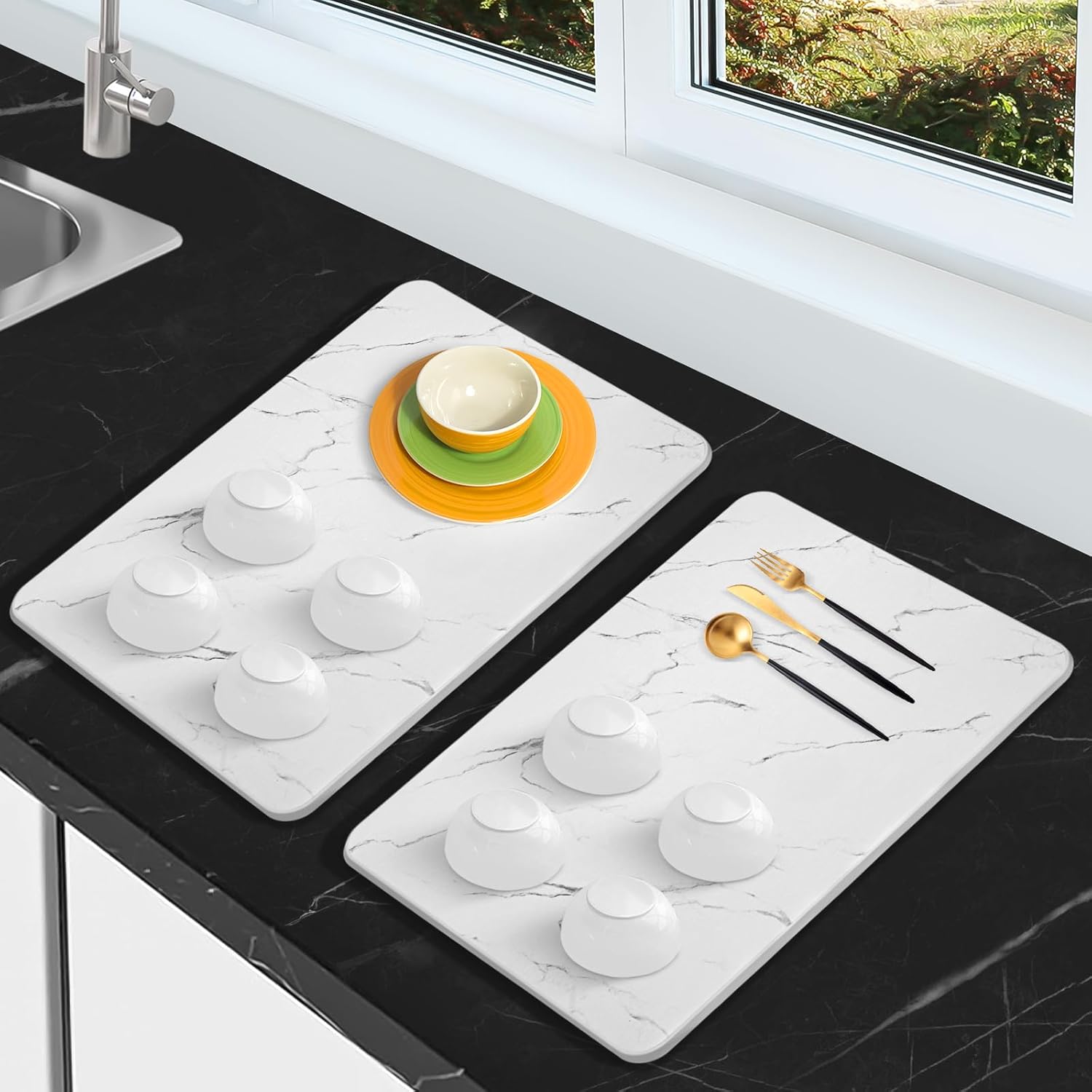 2 Pack Stone Dish Drying Mat for Kitchen Counter, Self Drying Mats for Dishes?12"x16"?, Heat Resistant Quick Drying Diatomite with Non-Slip Mat, White 2 Pack White