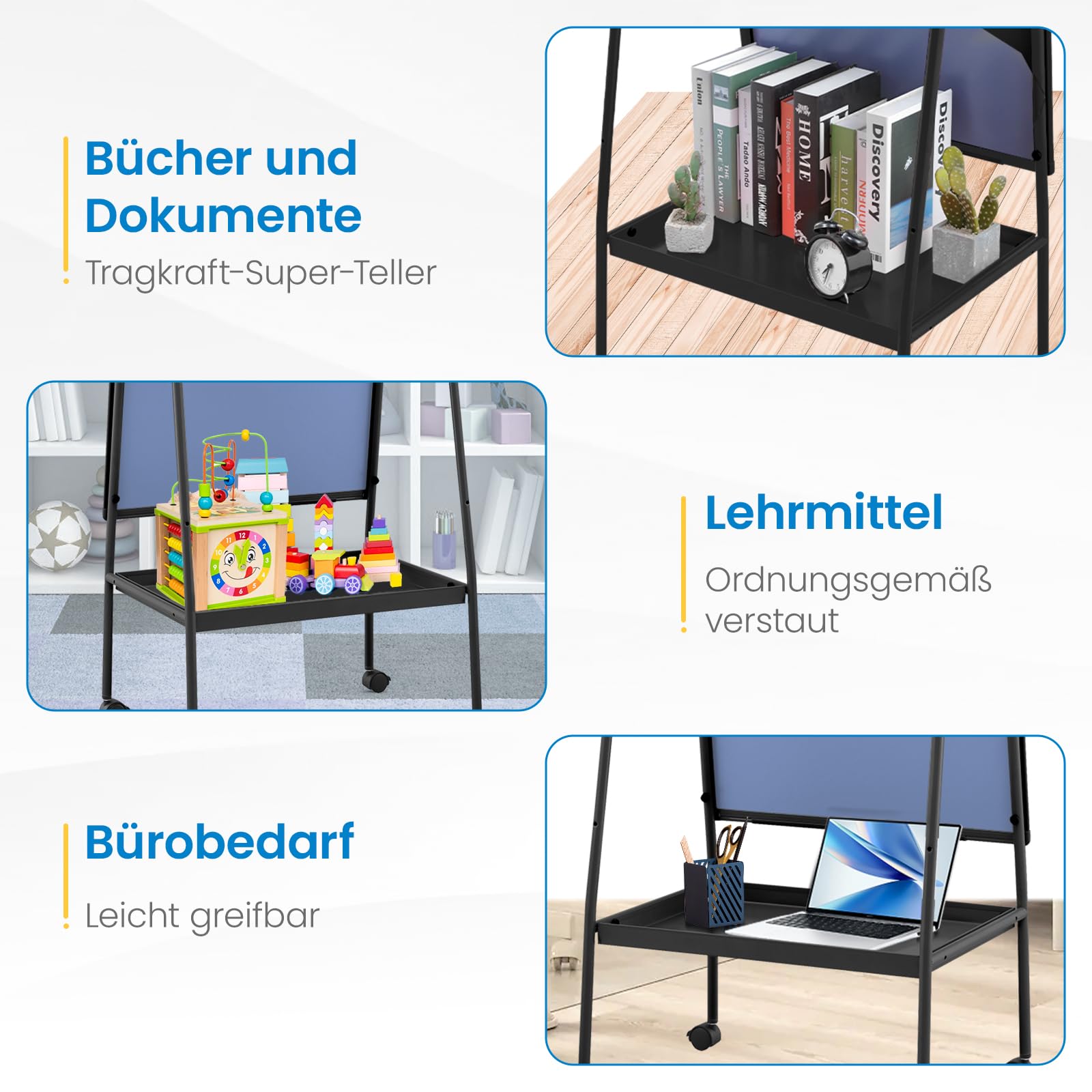 MAKELLO Flipchart 90x60cm Doppelseitiges Whiteboard mit Ständer | Höhenverstellbar, Magnetisch und Beschreibbar, mit 4 Leisen Rollen, mit Ablagefach, Flipchart Ständer für Büro
