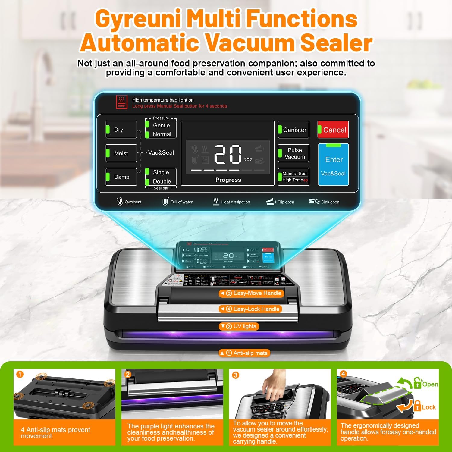 Gyreuni 95Kpa Vacuum Sealer Machine for Food with Bags, 12-in-1 Food Saver Vacuum Sealer with Double Heat Seal, Built-in Cutter,Accessory Hose, Bag Storage,10 Bags, 1 Bag Roll & Marker Pen,App Control - Image 3
