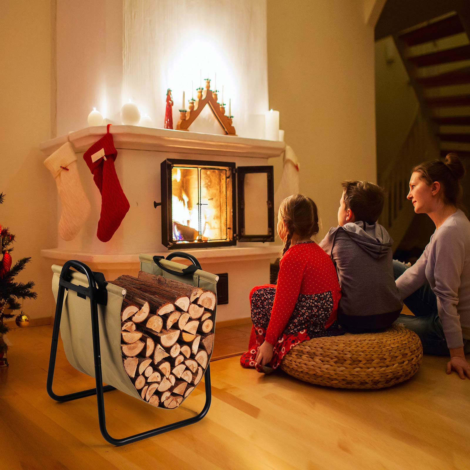 TJ.MOREE Soporte para leña de chimenea con soporte de lona para interiores y exteriores, contenedor de madera resistente (verde oliva desteñido)