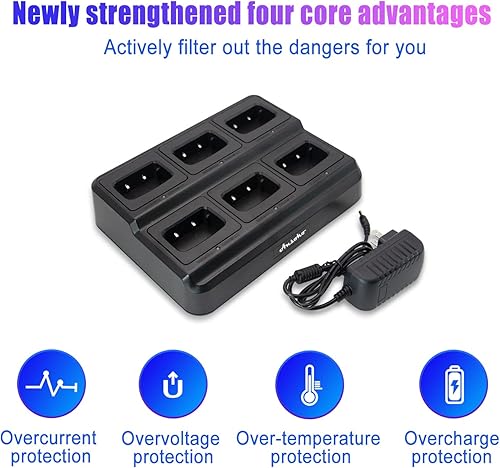 Vista 2 de Walkie Talkies para adultos de largo alcance recargable de 2 vías con cargador de banda de 6 bancos y baterías de repuesto (paquete de 6)