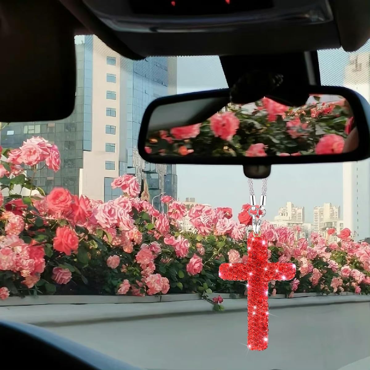 HZEL Bling Car Hanging Ornament, Cross Crystal Rhinestone Vehicle Rear View Mirror Pendant, Diamond Religious Rearview Mirror Decoration Charm, Universal Automotive Interior Accessories (Red) - Image 6