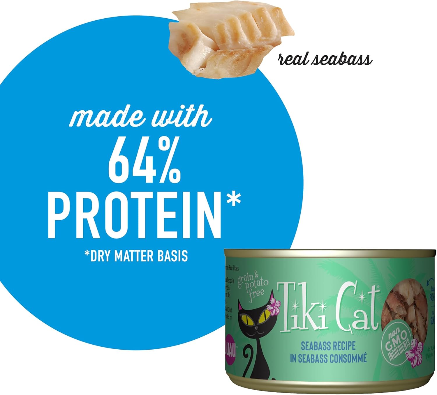 Tiki Cat Luau Shredded Meat, Seabass Recipe in Seabass Consumme, Grain-Free Balanced Nutrition Wet Canned Cat Food, For All Life Stages, 6 oz. Can (8 Count)