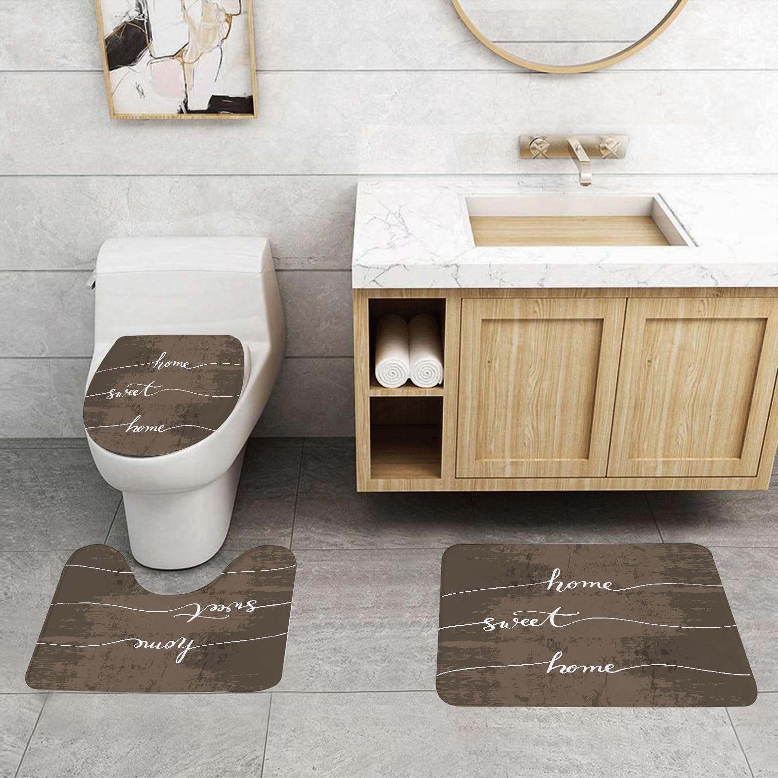 Set di 3 tappetini da Bagno, Lavabili in Lavatrice e Antiscivolo, in Morbida Fibra Superfine, con Scritta Sweet Home.