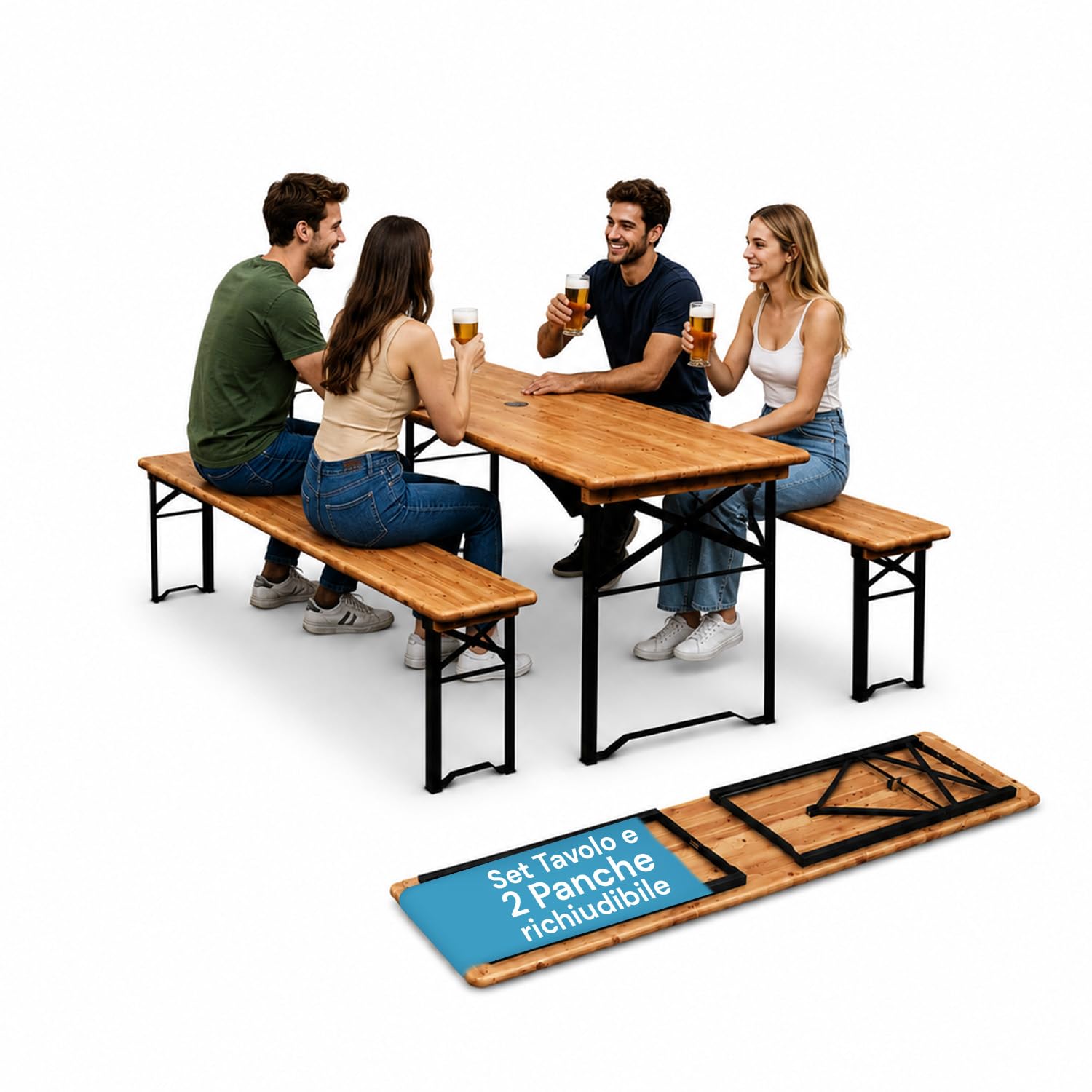 Avilia - Tavolo Pieghevole con Panche – Legno e Ferro, 200 kg, con Foro Ombrellone 5 cm | Tavolo con Panche da Esterno per Giardino, Picnic, Campeggio, Feste/Sagre (120 cm)