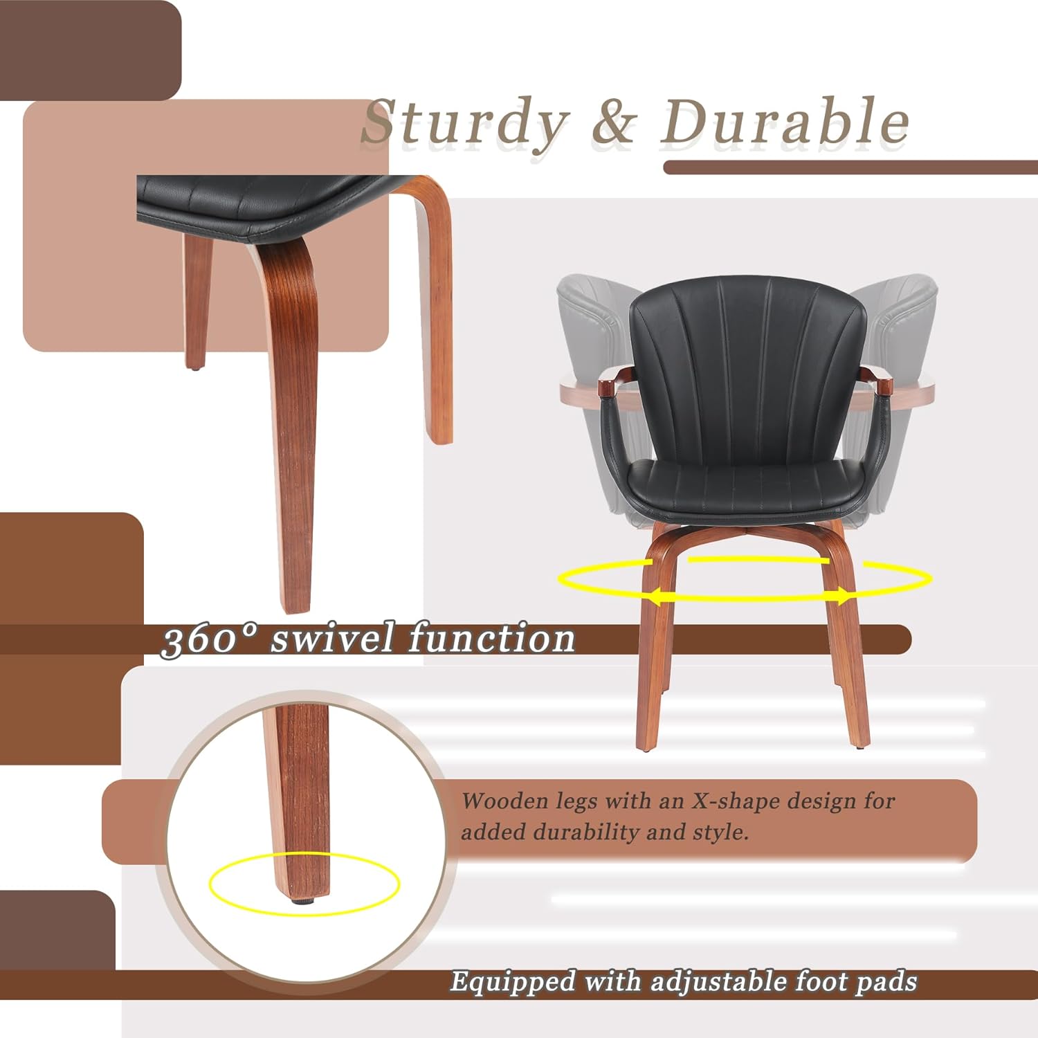 360° Swivel Dining Chairs-Set of 2,Faux Leather Upholstery,Walnut Dining Chairs for Kitchen/Living Room (Black)