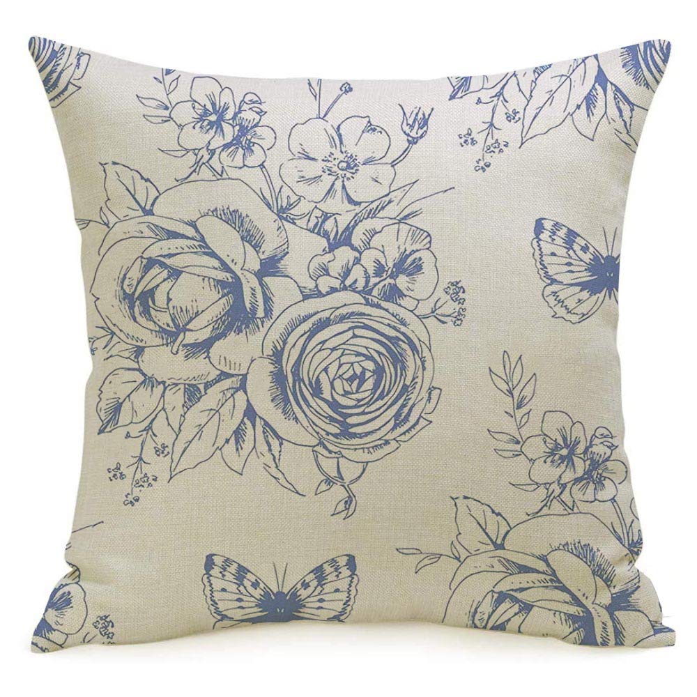 Pillow Case Drawing Pattern Floral Romantic Botanical Vintage Blossom Motivies Butterflies White Porcelain Linen Toss Soft Square Throw Cushion Cover for Couch Bed Lving Room 16 x 16 Inch