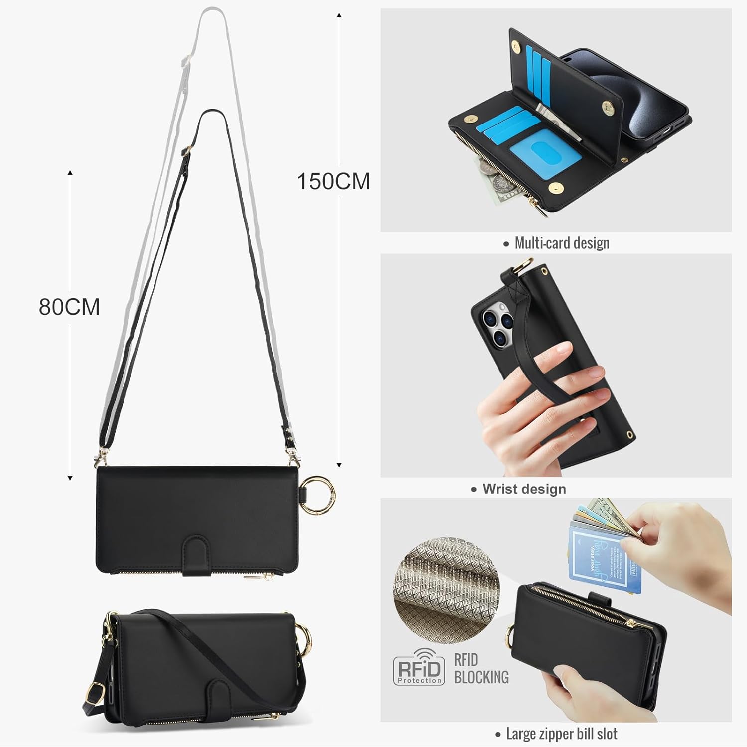 Asuwish Phone Case for iPhone 15 Pro 6.1 inch Zipper Wallet with Tempered Glass Screen Protector Strap Card Holder Stand Cell Cover iPhone15Pro 5G i i-Phone i15 iPhone15 15Pro Women Girls Black
