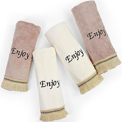Cleanbear Toallas de mano decorativas para baño, toalla de mano de microfibra de alta calidad con borlas, paquete de 4, 2 colores de rosa y marrón