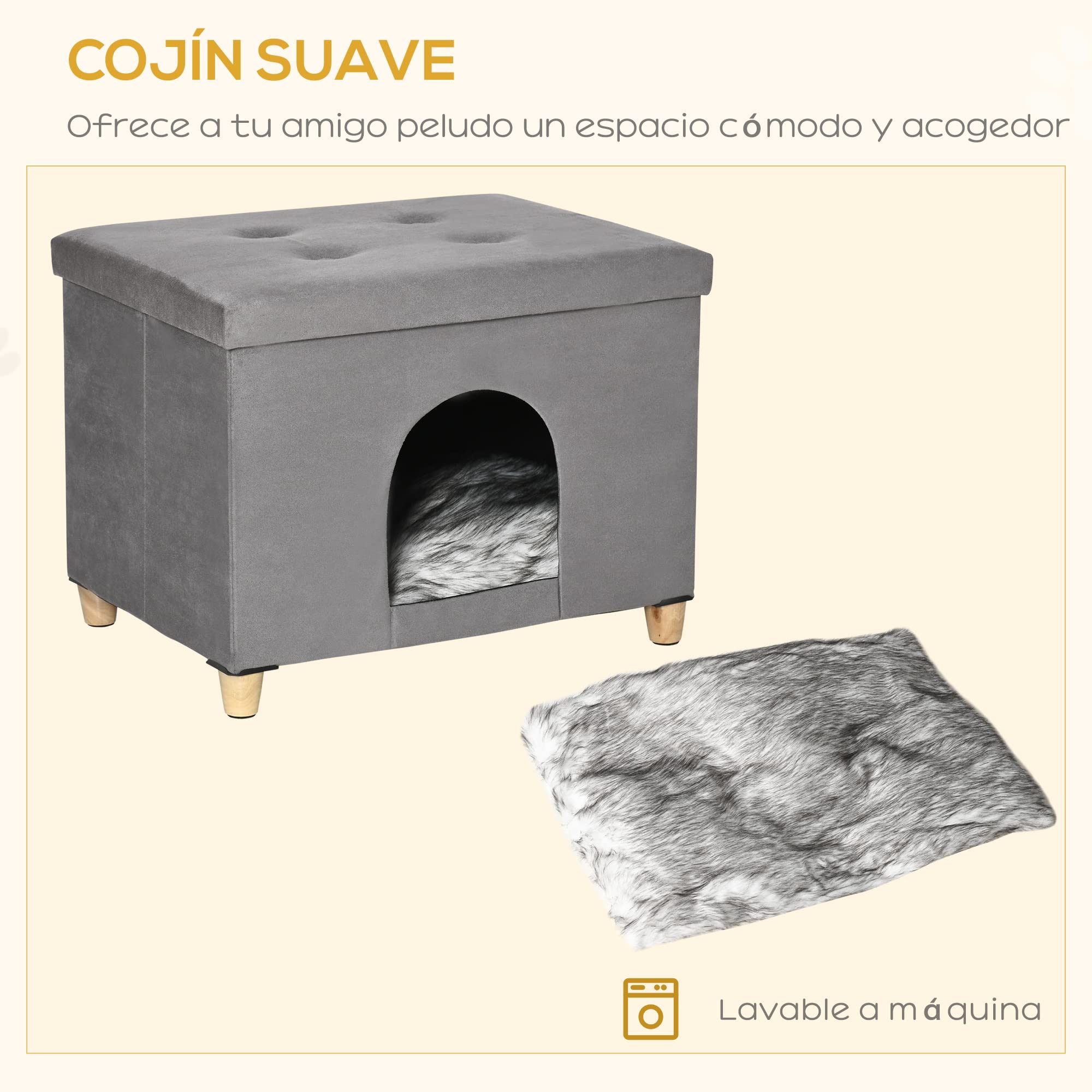 PawHut Cueva para Gatos 2 en 1 Taburete Reposapiés con Tapa Extraíble Orificio de Entrada Cojín Lavable y Patas Elevadas de Madera para Interior 60x45x44,5 cm Gris
