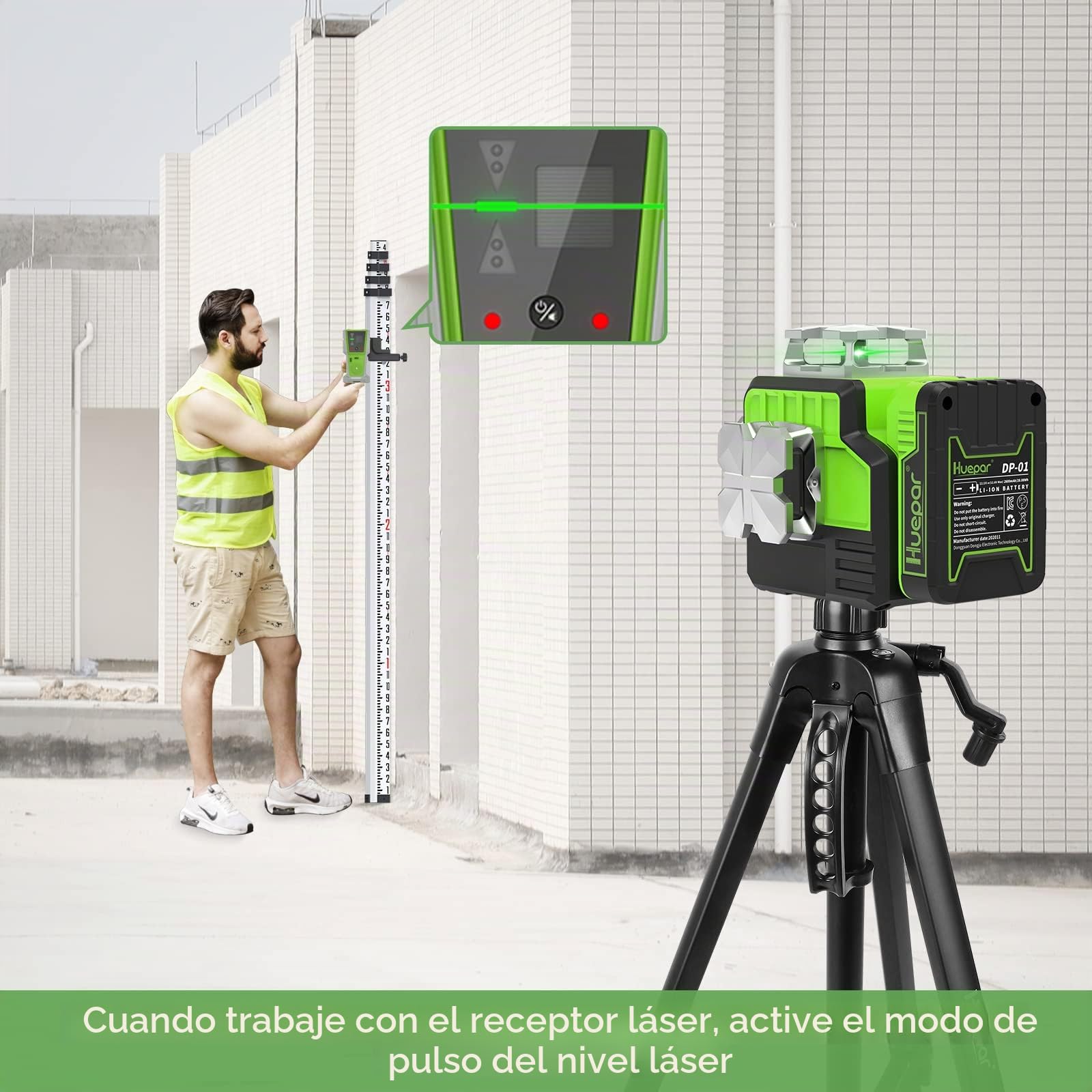 Huepar Detector láser LR-8RG para nivelación láser, receptor láser digital para haz verde y rojo, pantalla LED de doble cara e imán, lámpara doble y zumbador de 90 dB