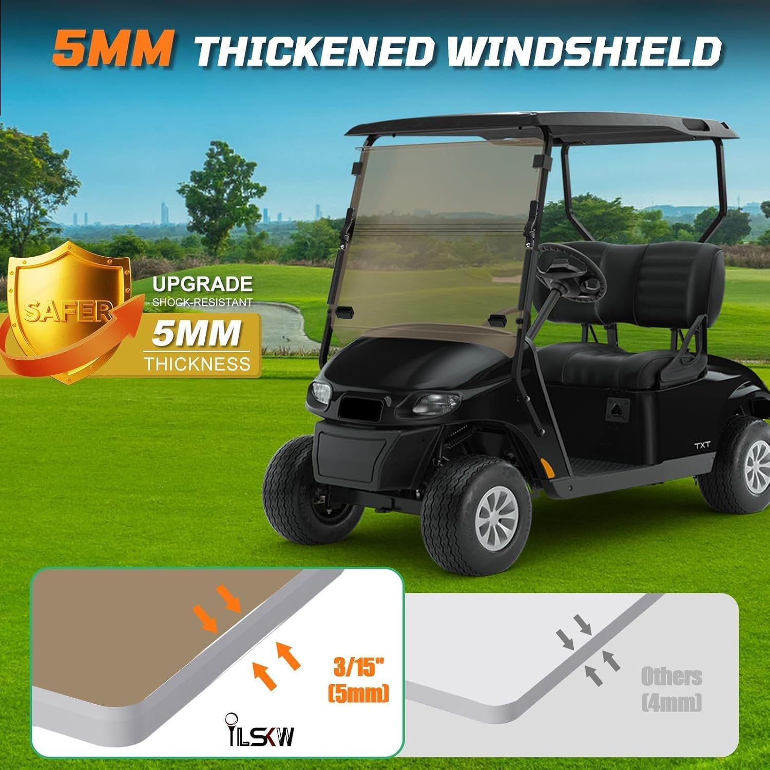 iLSKW Golf Cart Foldable Windshield 5MM Thickness Fits 1995-2013 EZGO TXT & Medalist, Fits 3/4" Struts Rail with Heavy Duty Hinges & Anti-UV Included Windshield Clips Kit Clear Tinted