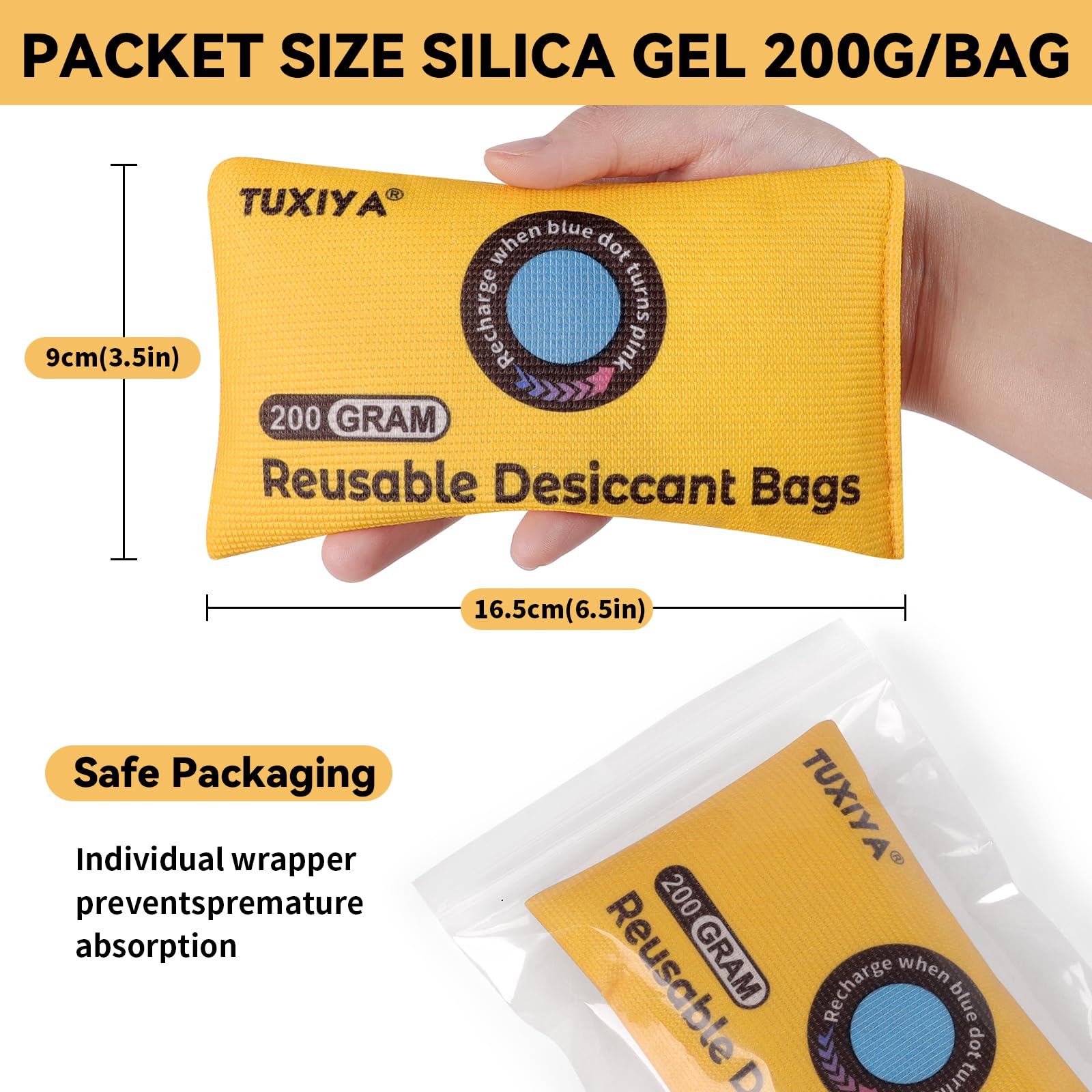 TUXIYA Paquete de 24 paquetes desecantes recargables de gel de sílice (200 g cada uno), paquetes desecantes indicadores de color para almacenamiento, absorbentes de humedad para contenedores de