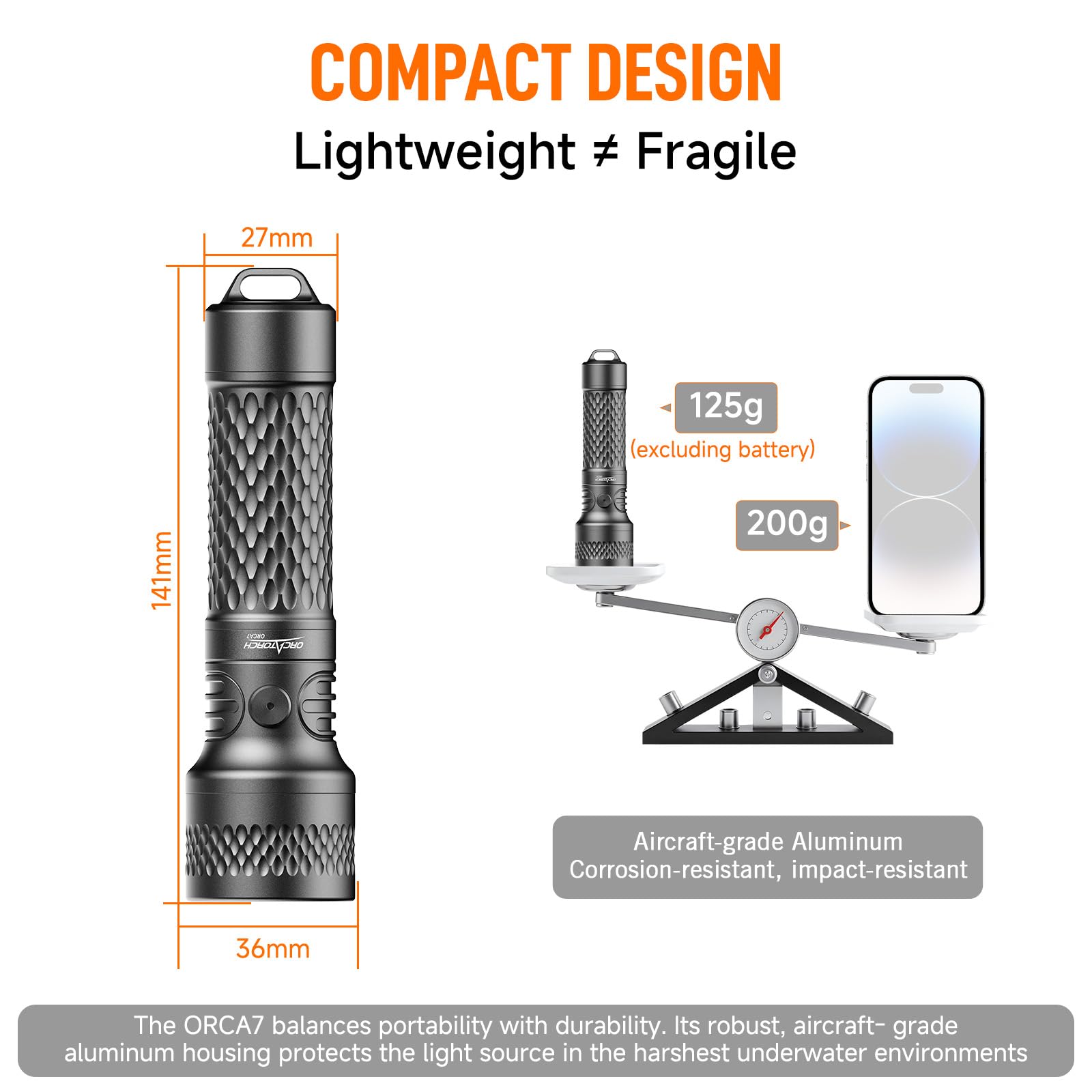 ORCATORCH ORCA7 Torcia Subacquea 3000 Lumen IP68 150m Impermeabile SOS
