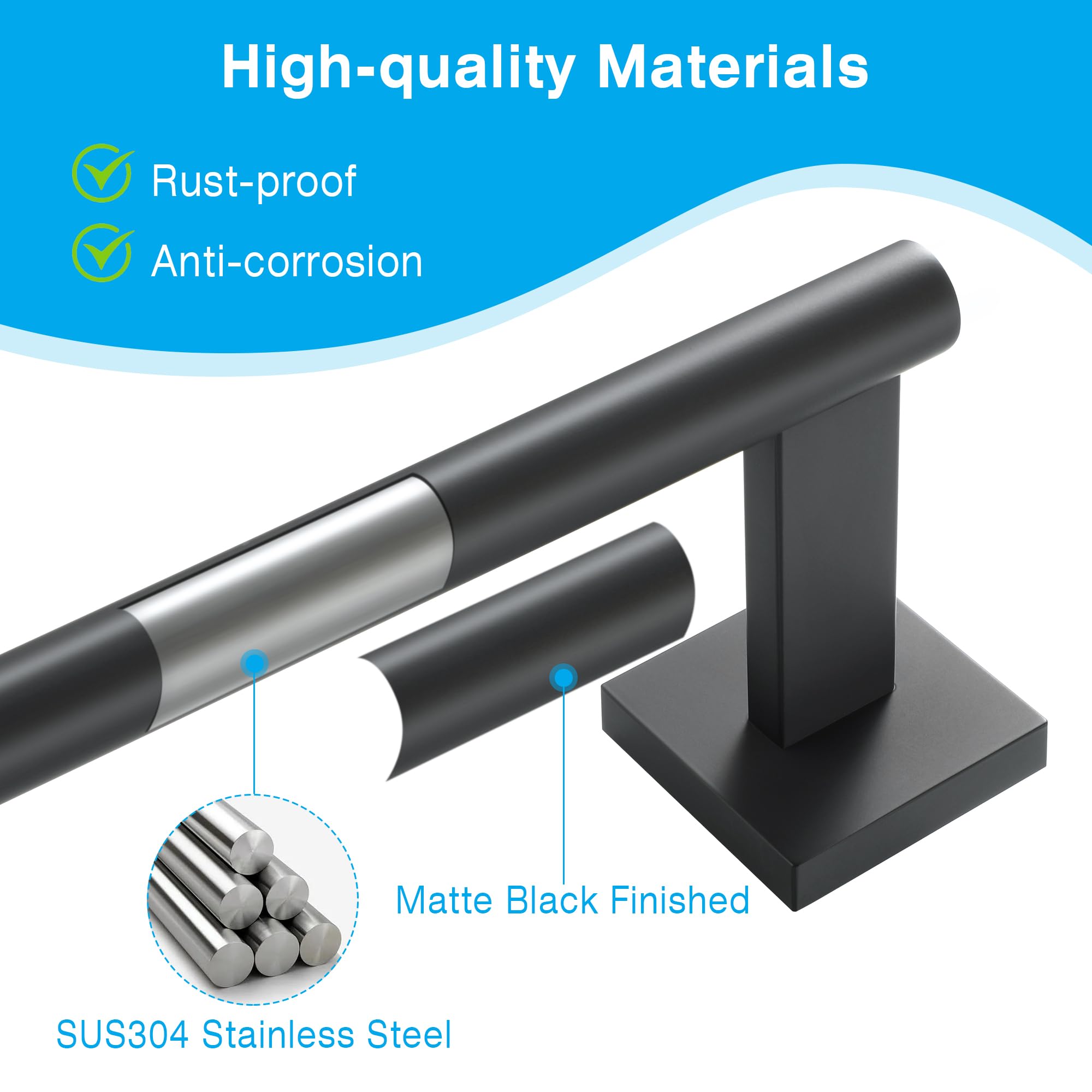 Mooche Towel Rail Black Wall Mounted, Bathroom Towel Holder, SUS304 Stainless Steel Towel Bar - Image 4