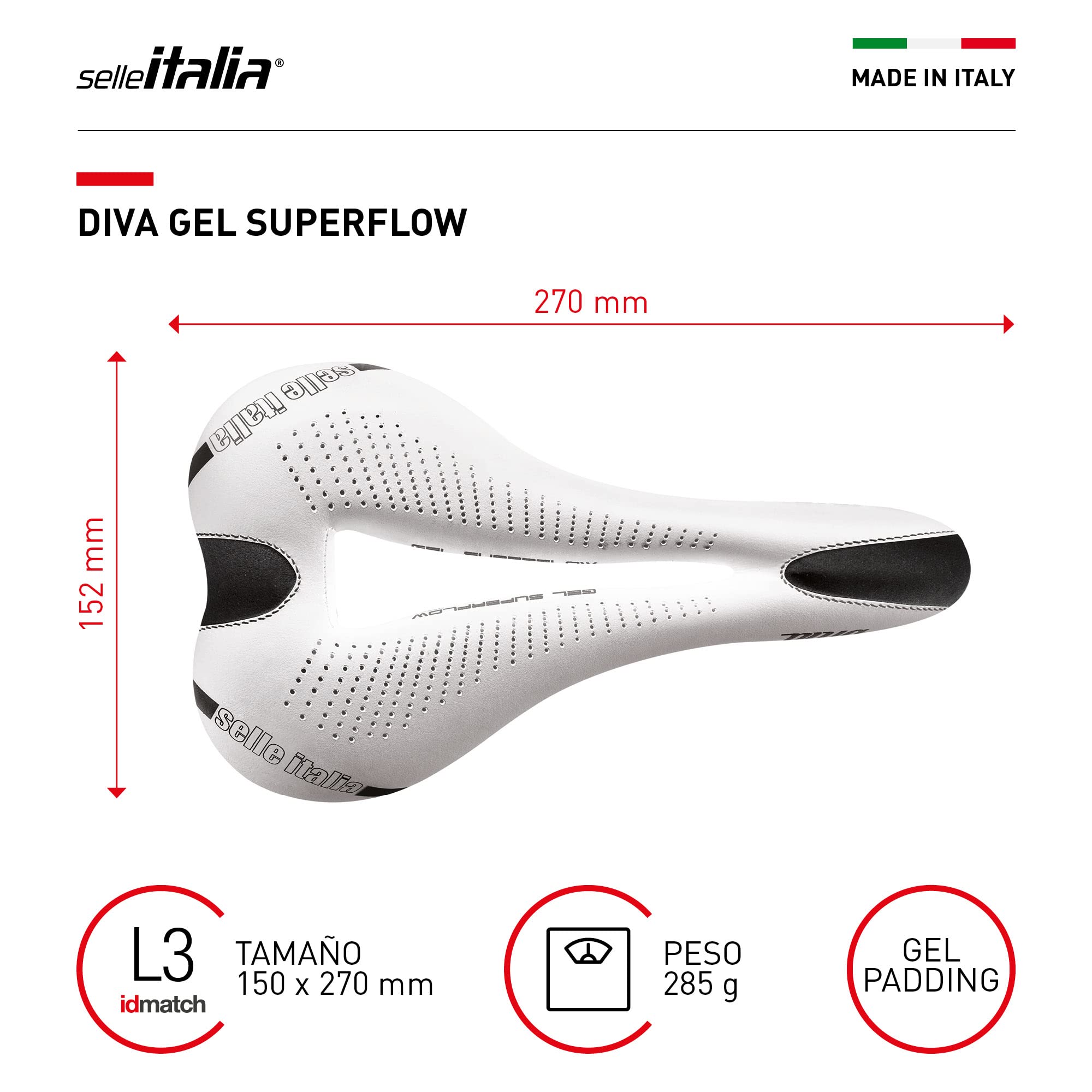Selle Italia DIVA Gel Superflow - Sillín Bicicleta Mujer, Bicicleta Ciudad, Montaña, City Bike, Cómodo con Agujero Anatómico, Acolchado Gel Ligero - Talla L3, Blanco