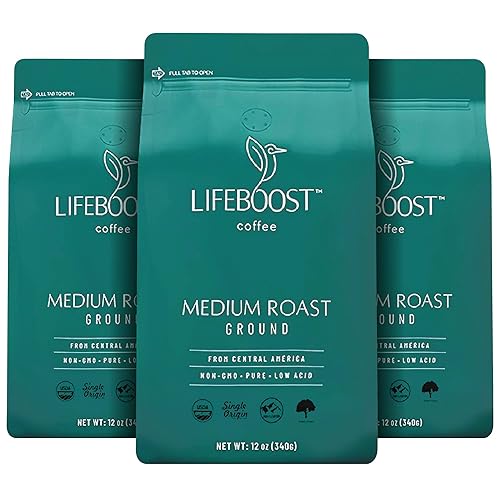 LIFEBOOST - 3 paquetes de café tostado medio, sin OMG, baja acidez, certificado orgánico por el Departamento de Agricultura (USDA), con