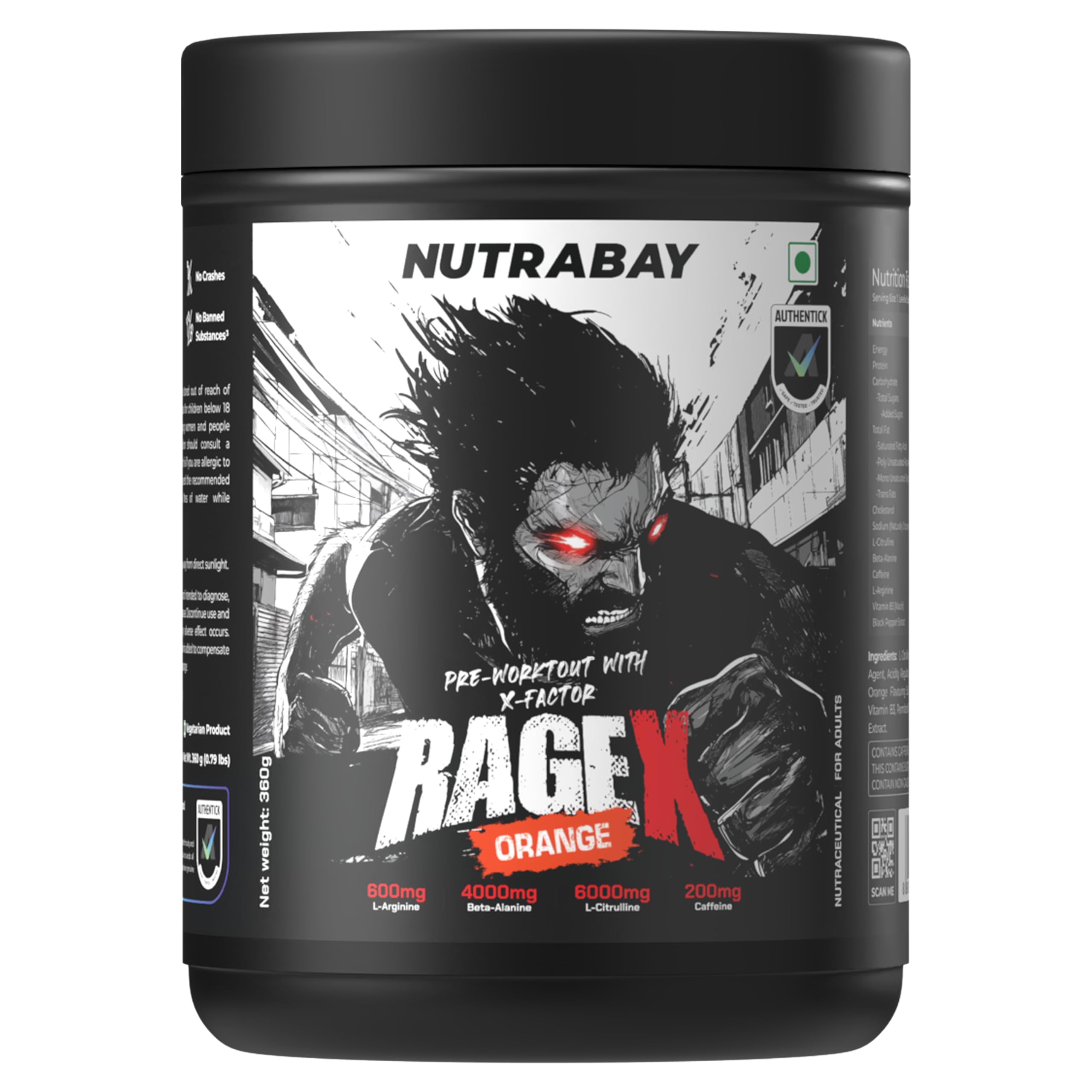 Nutrabay RageX Pre Workout Supplement Powder - 360g, Orange | 200mg Caffeine, 4g Beta Alanine, 6g L-Citrulline, 600mg L-Arginine, & Black Pepper | Muscle Pump & Performance