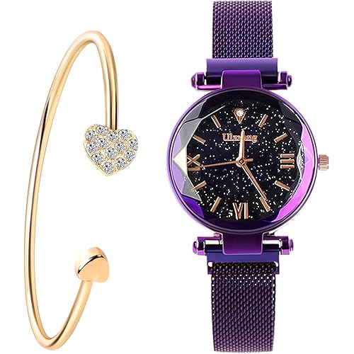 Luxury Quartz Starry Sky Dial Ladies Wrist Watches,Magnetic Mesh Band Watch and Bracelet Set…