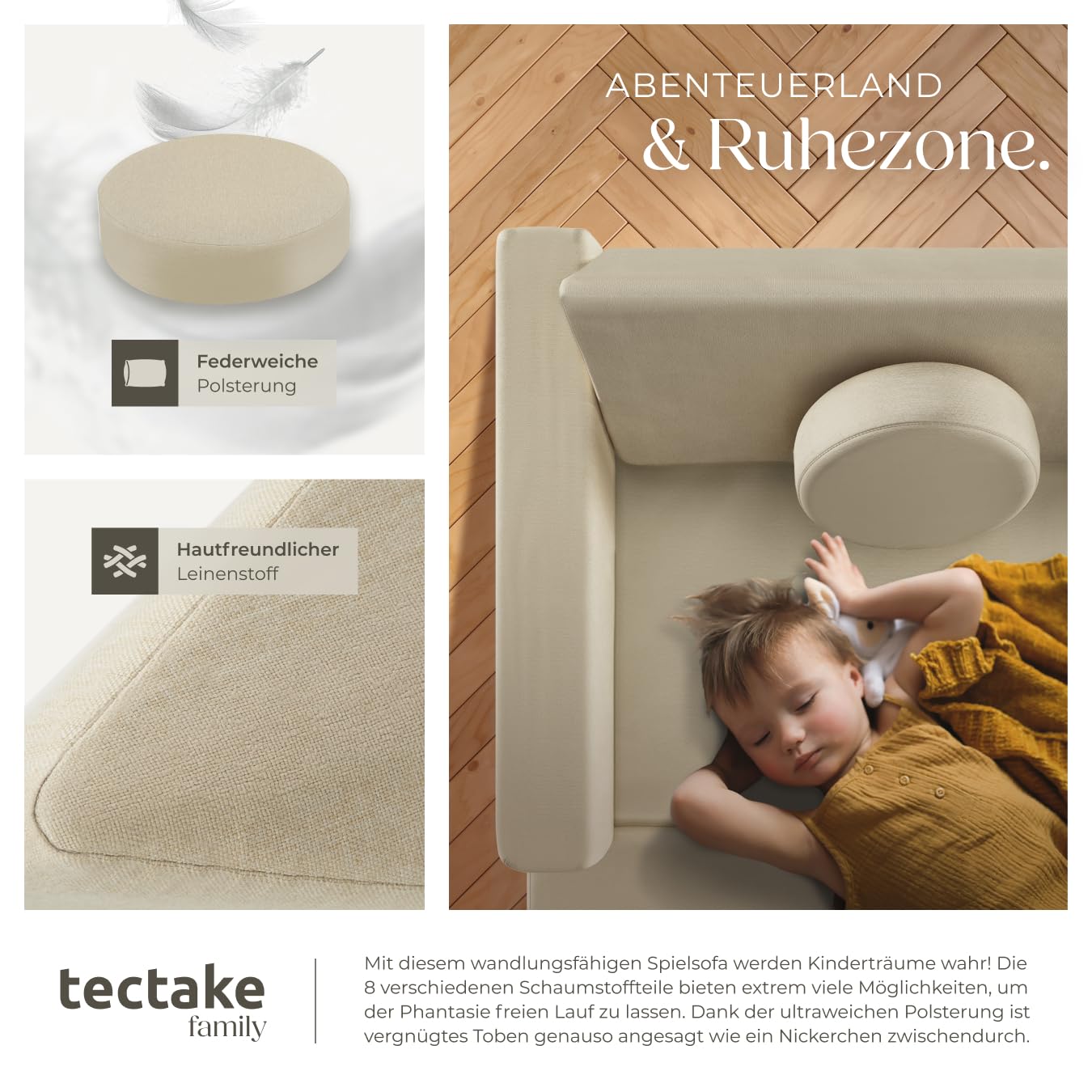 tectake® Spielsofa, Kindersofa klappbar, modulares Sofa mit Spiel- und Schlaffunktion, Möbel für Kinderzimmer, Indoor Spielplatz, Couch oder Sitzkissen, Schaumstoff Stapelsteine - 120 cm, beige